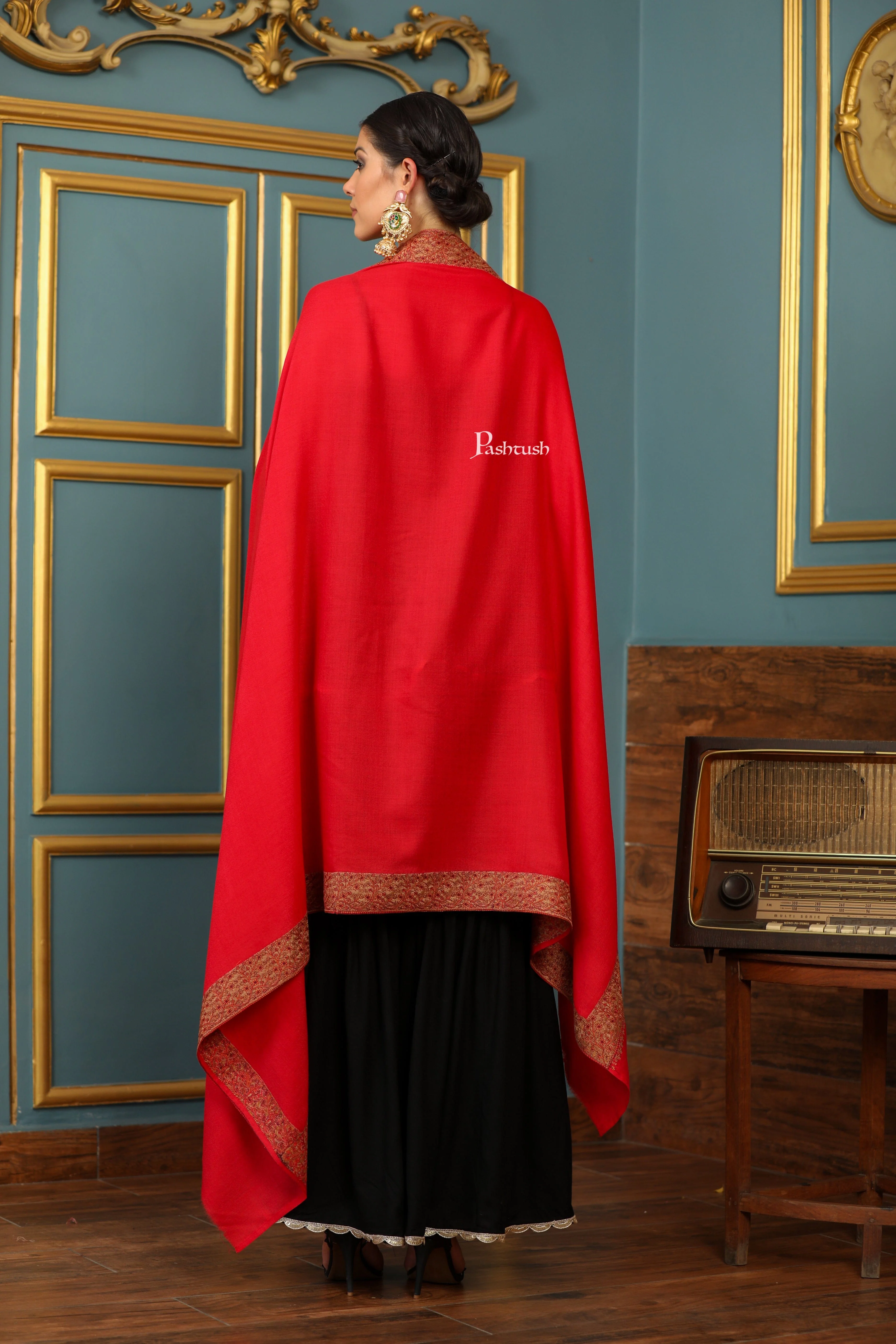Pashtush Womens Extra Fine Wool Shawl, Mutli Border Design, Red - Image 7