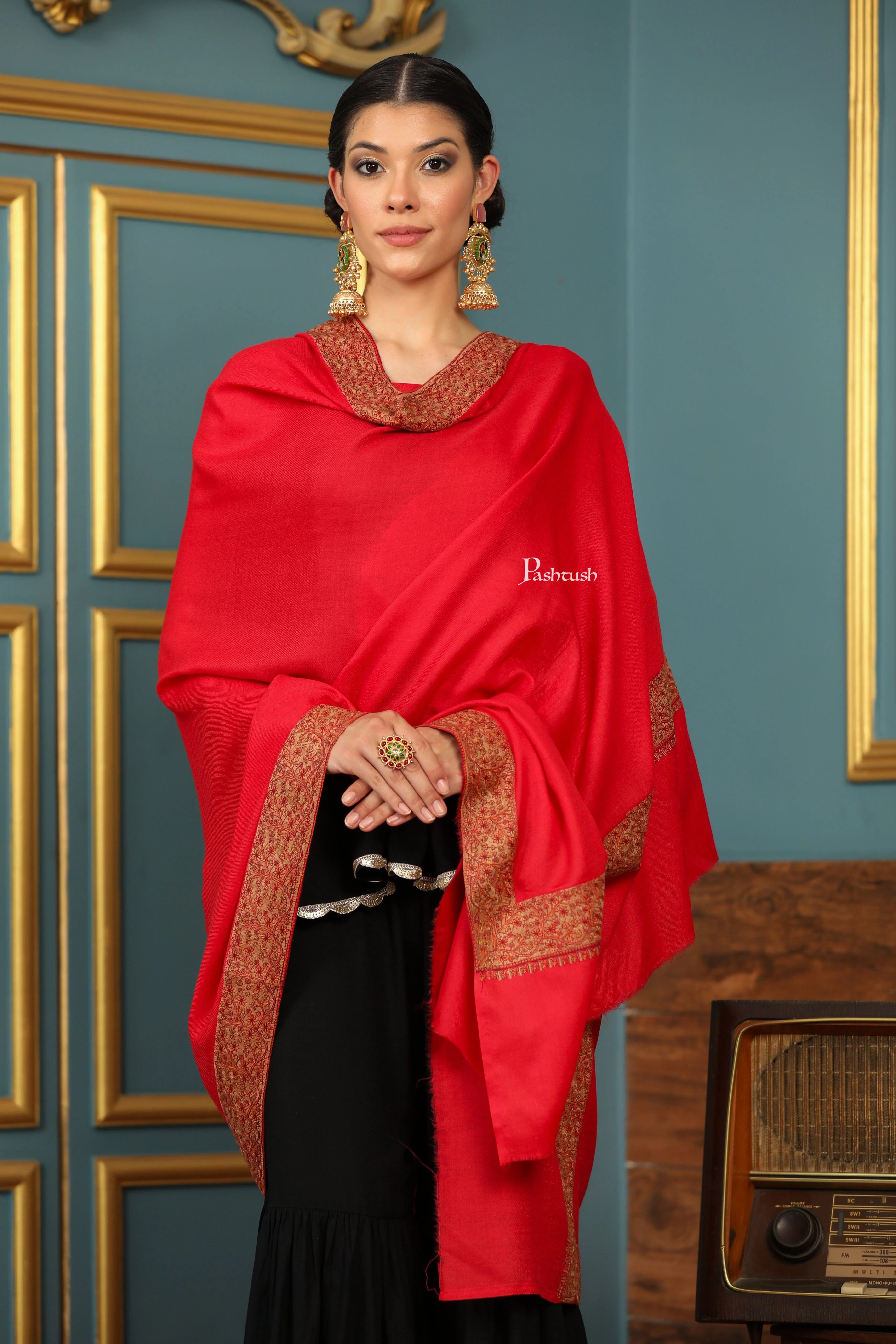Pashtush Womens Extra Fine Wool Shawl, Mutli Border Design, Red - Image 8