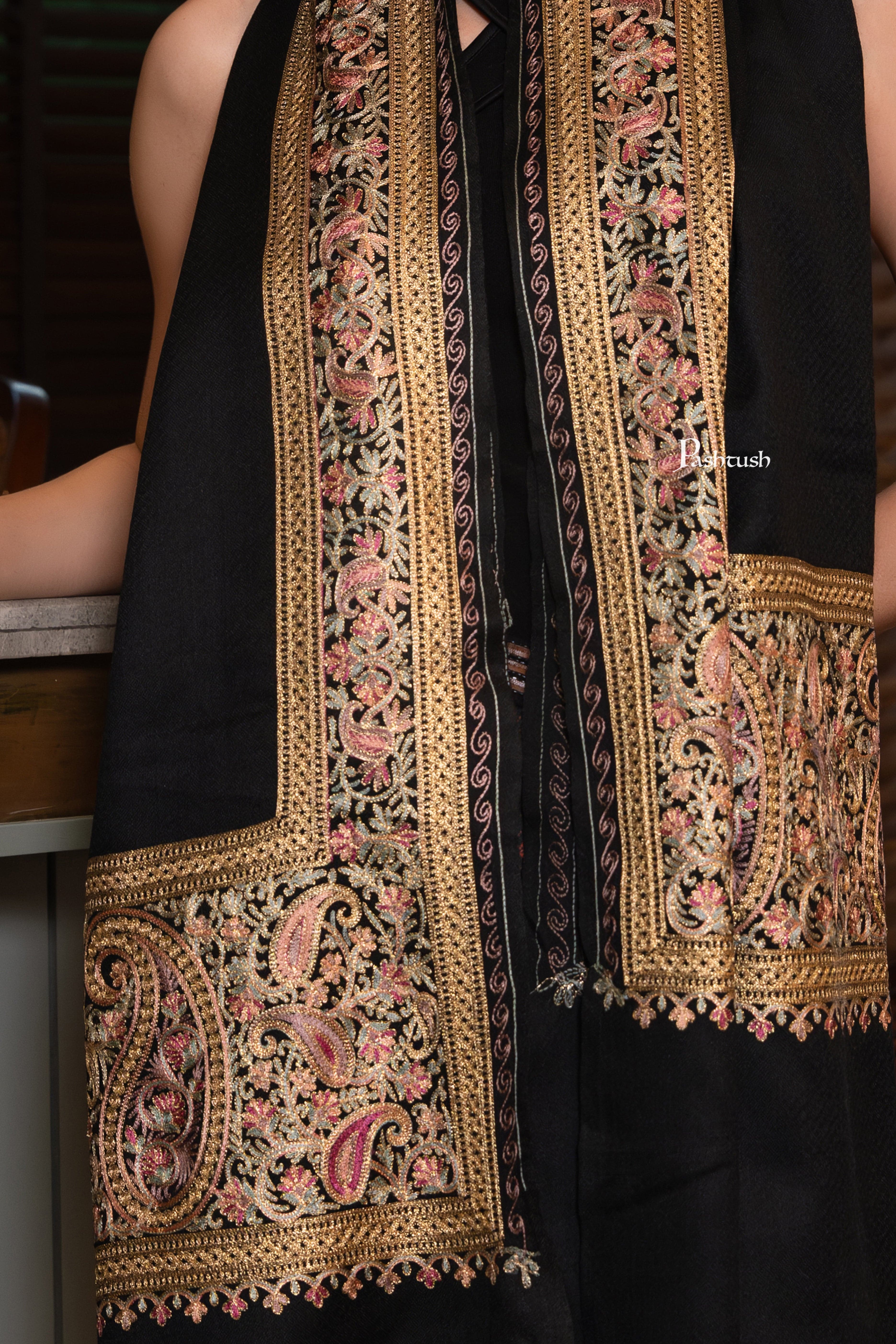 Pashtush Womens Extra Fine Wool Shawl, Nalki Embroidery Design, Black - Image 2