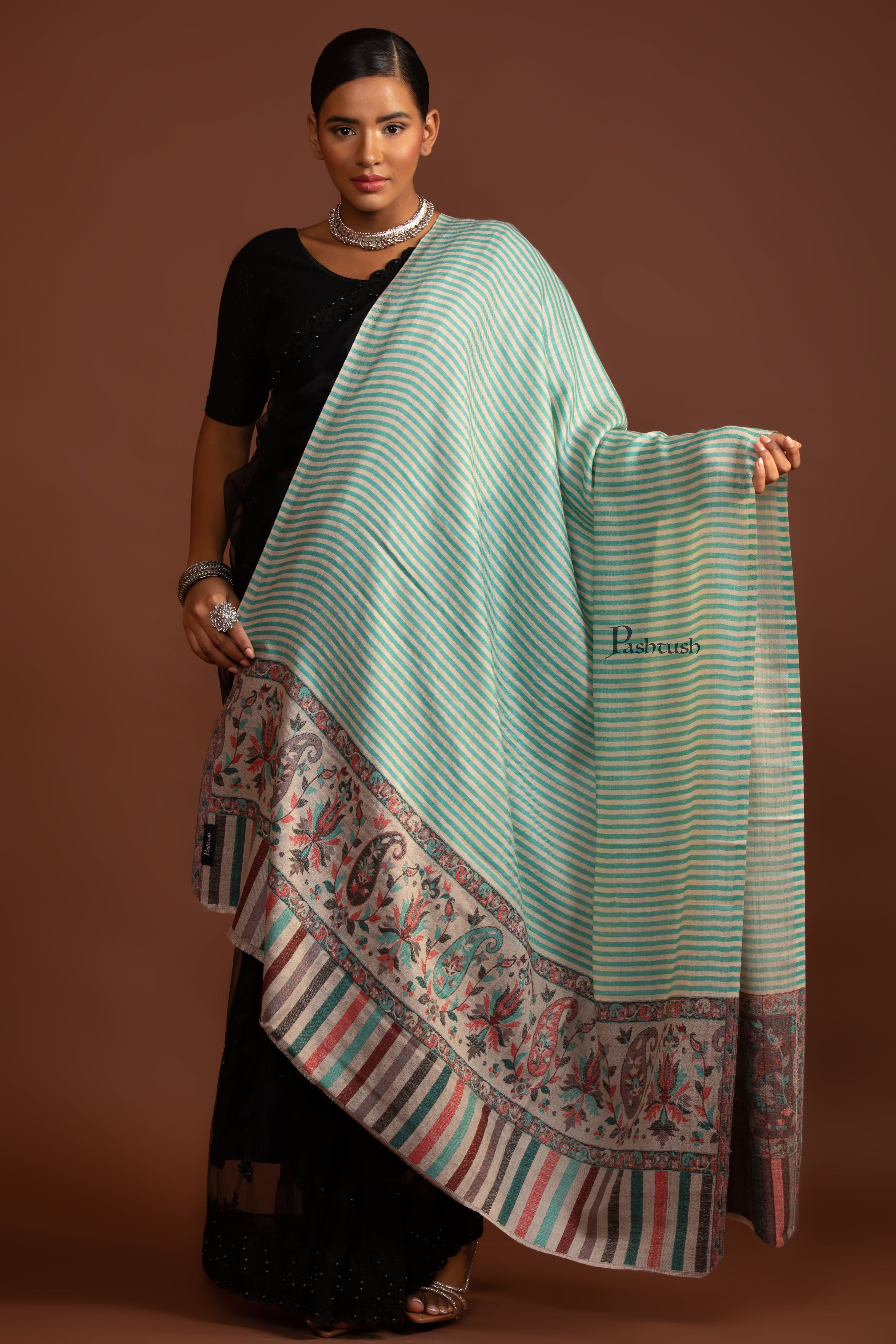 Pashtush Womens Extra Fine Wool Shawl, Paisley Palla Design, Seagreen - Image 3