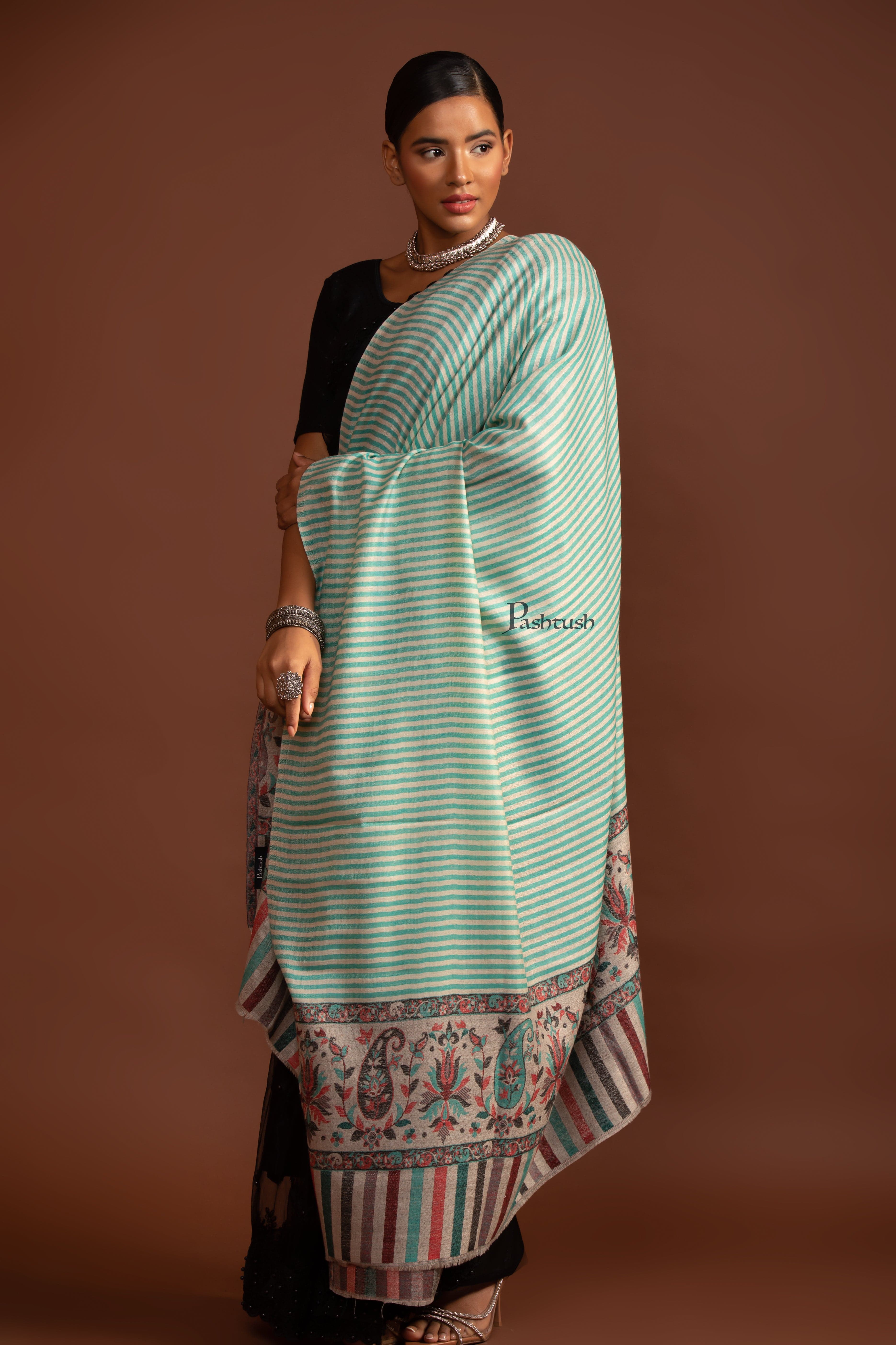 Pashtush Womens Extra Fine Wool Shawl, Paisley Palla Design, Seagreen - Image 4