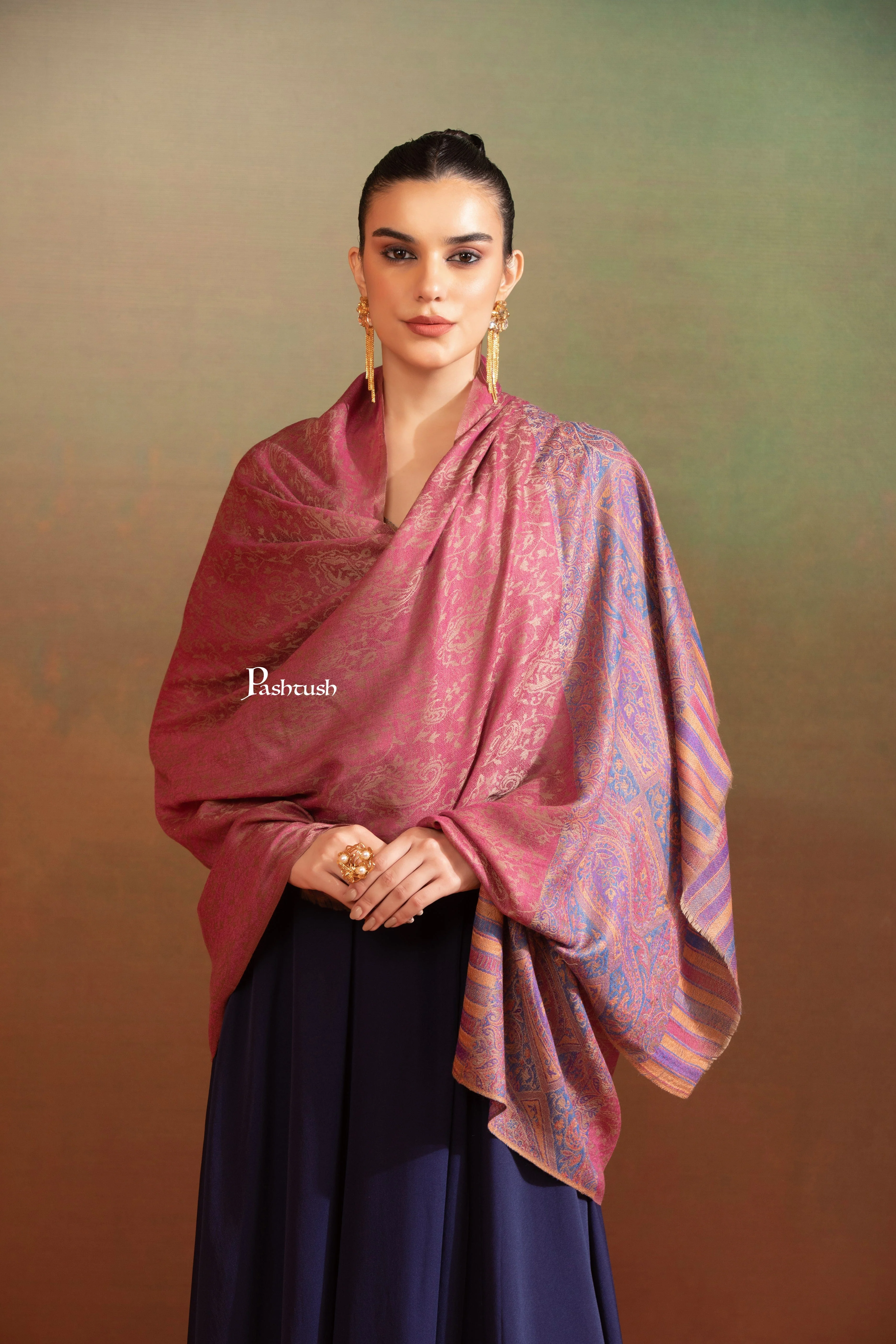 Pashtush Womens Extra Fine Wool Shawl, Paisley Palla Woven Design, Soft Pink - Image 5