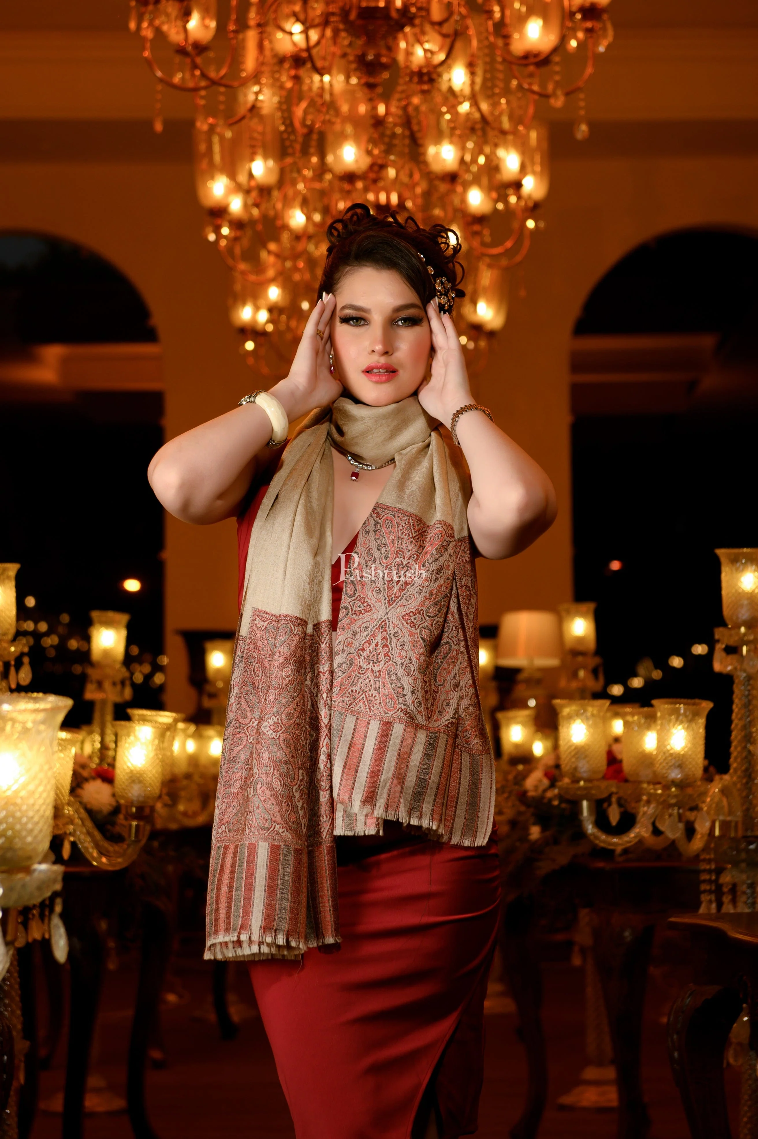 Pashtush Womens Extra Fine Wool Shawl, Paisley Weave Design, Brown - Image 4