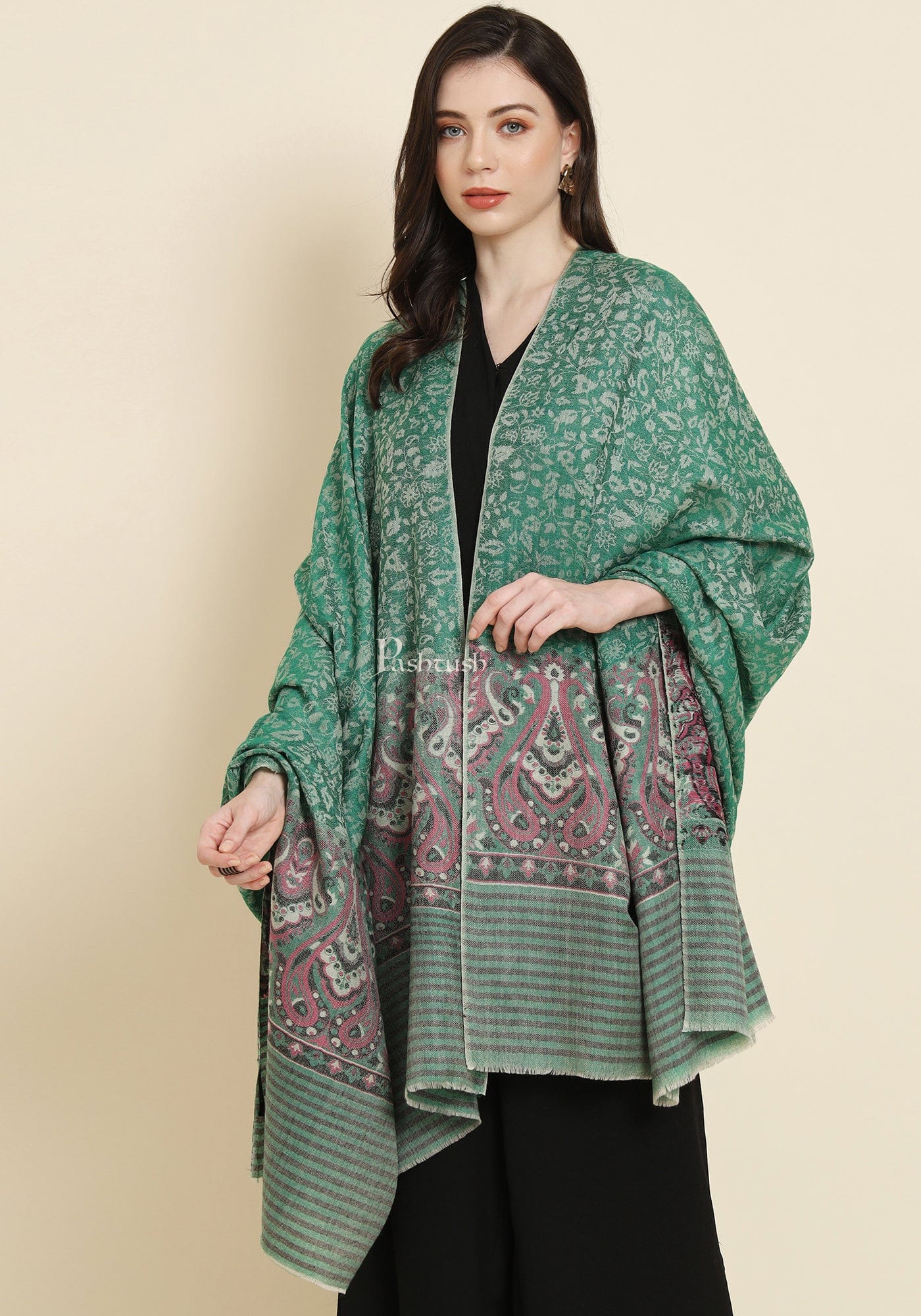 Pashtush Womens Extra Fine Wool Shawl, Paisley Weave Design, Green - Image 3
