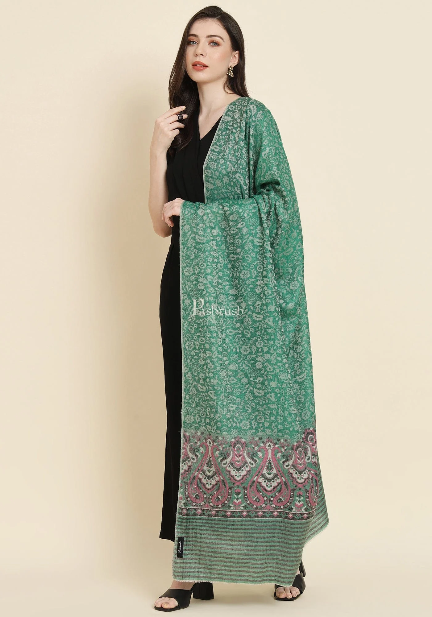 Pashtush Womens Extra Fine Wool Shawl, Paisley Weave Design, Green - Image 4