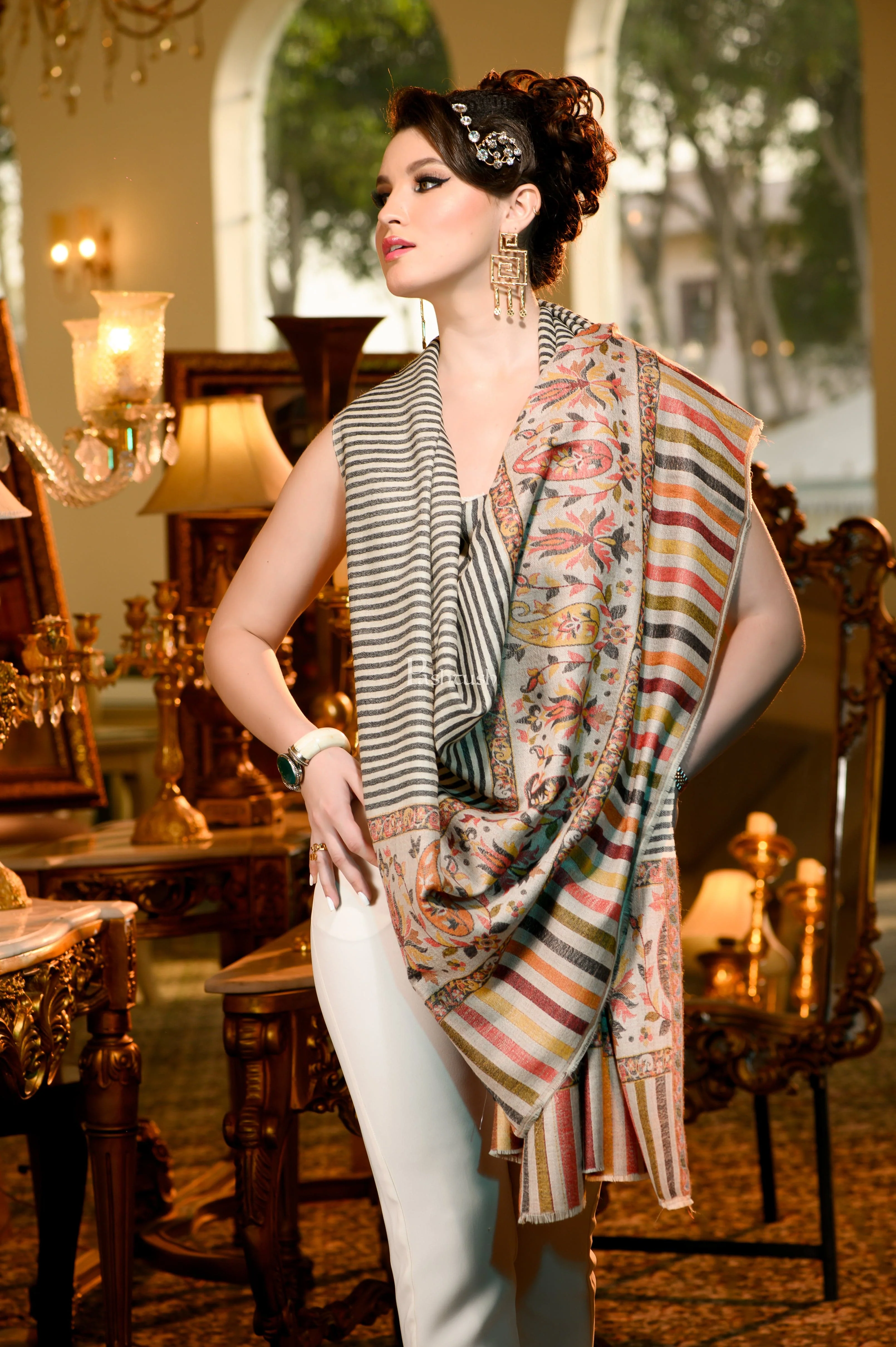 Pashtush Womens Extra Fine Wool Shawl, Paisley Weave Design, Multicolour