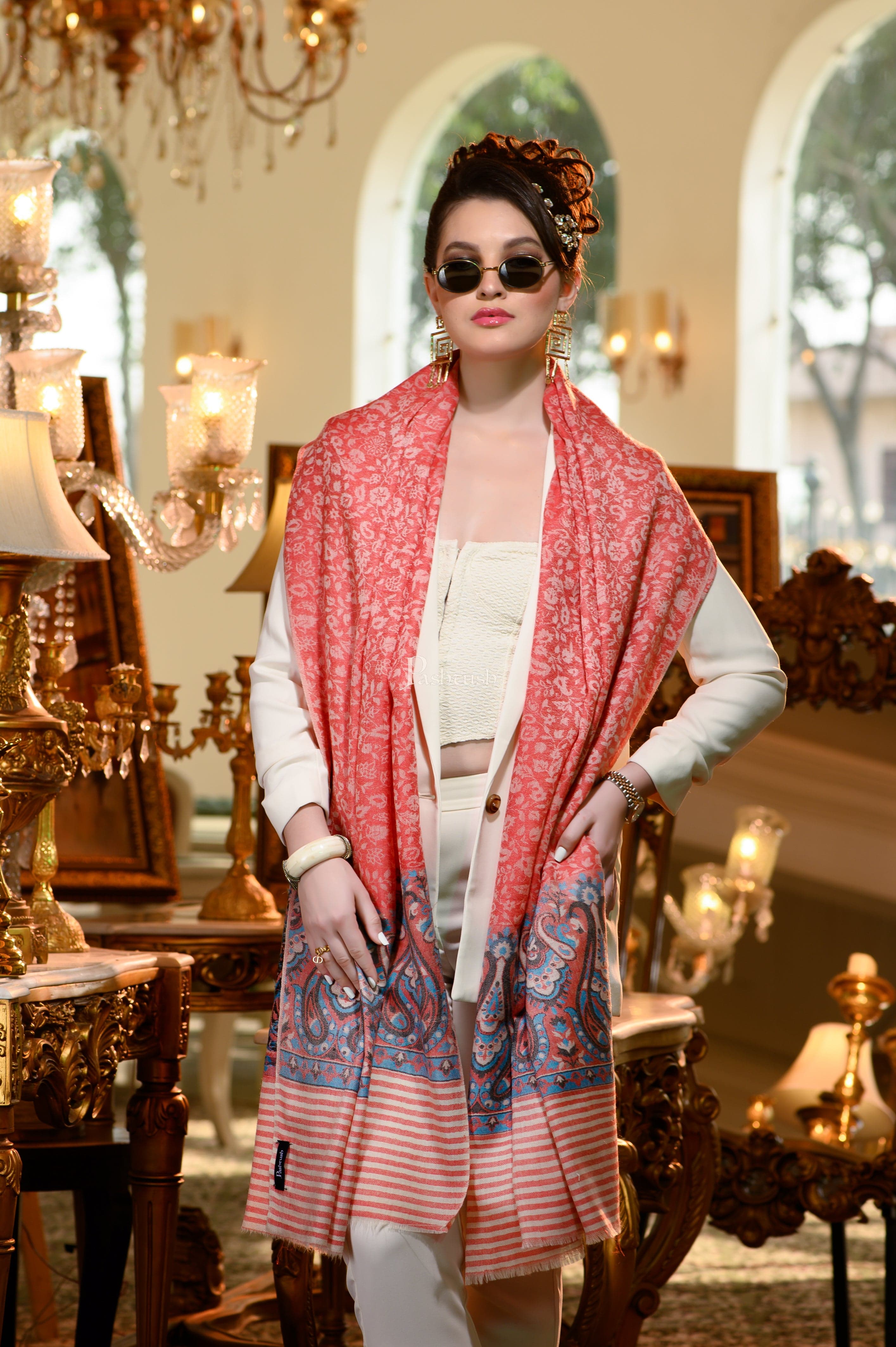 Pashtush Womens Extra Fine Wool Shawl, Paisley Weave Design, Red - Image 3