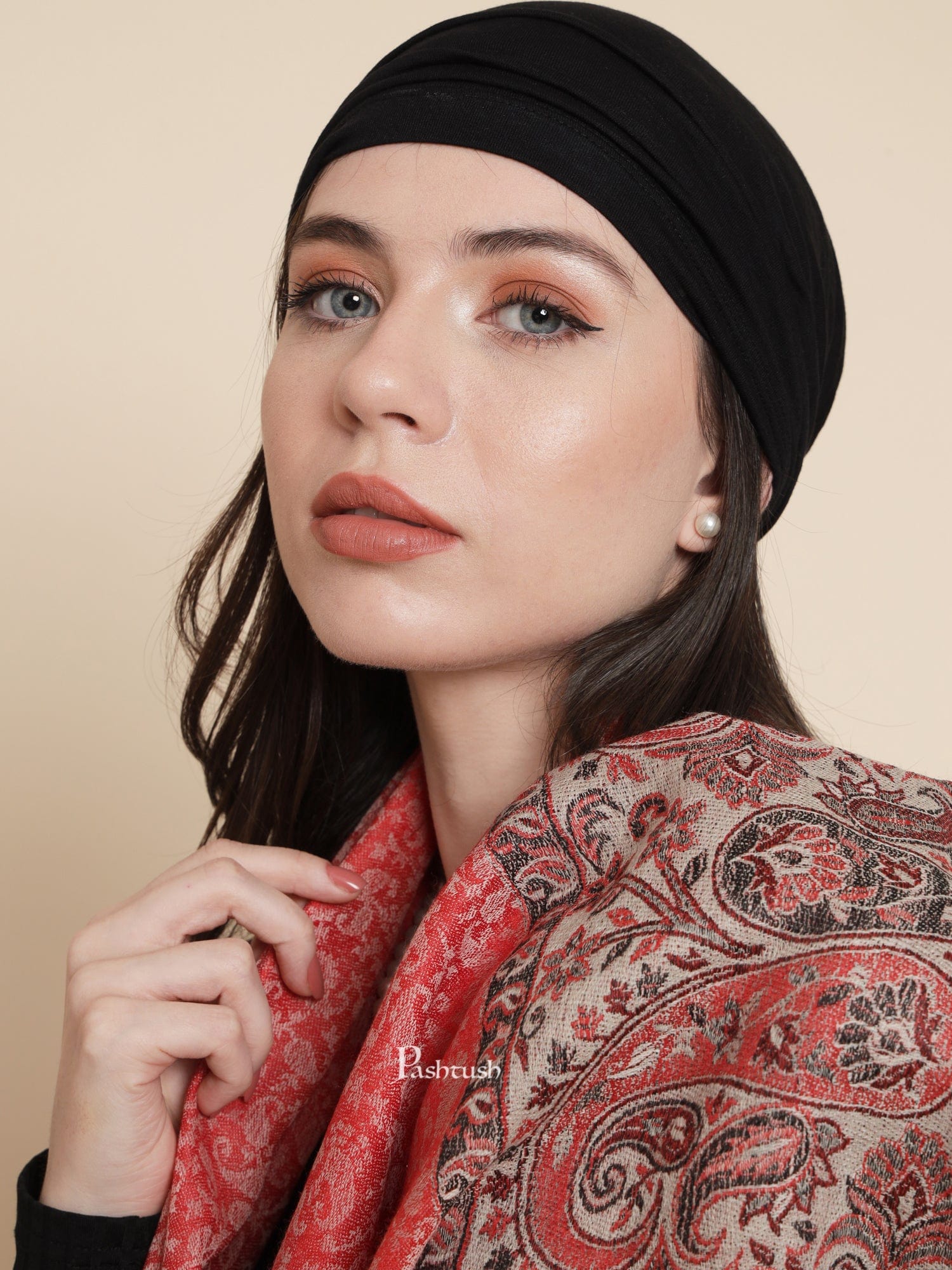 Pashtush Womens Extra Fine Wool Shawl, Paisley Weave Design, Taupe - Image 4