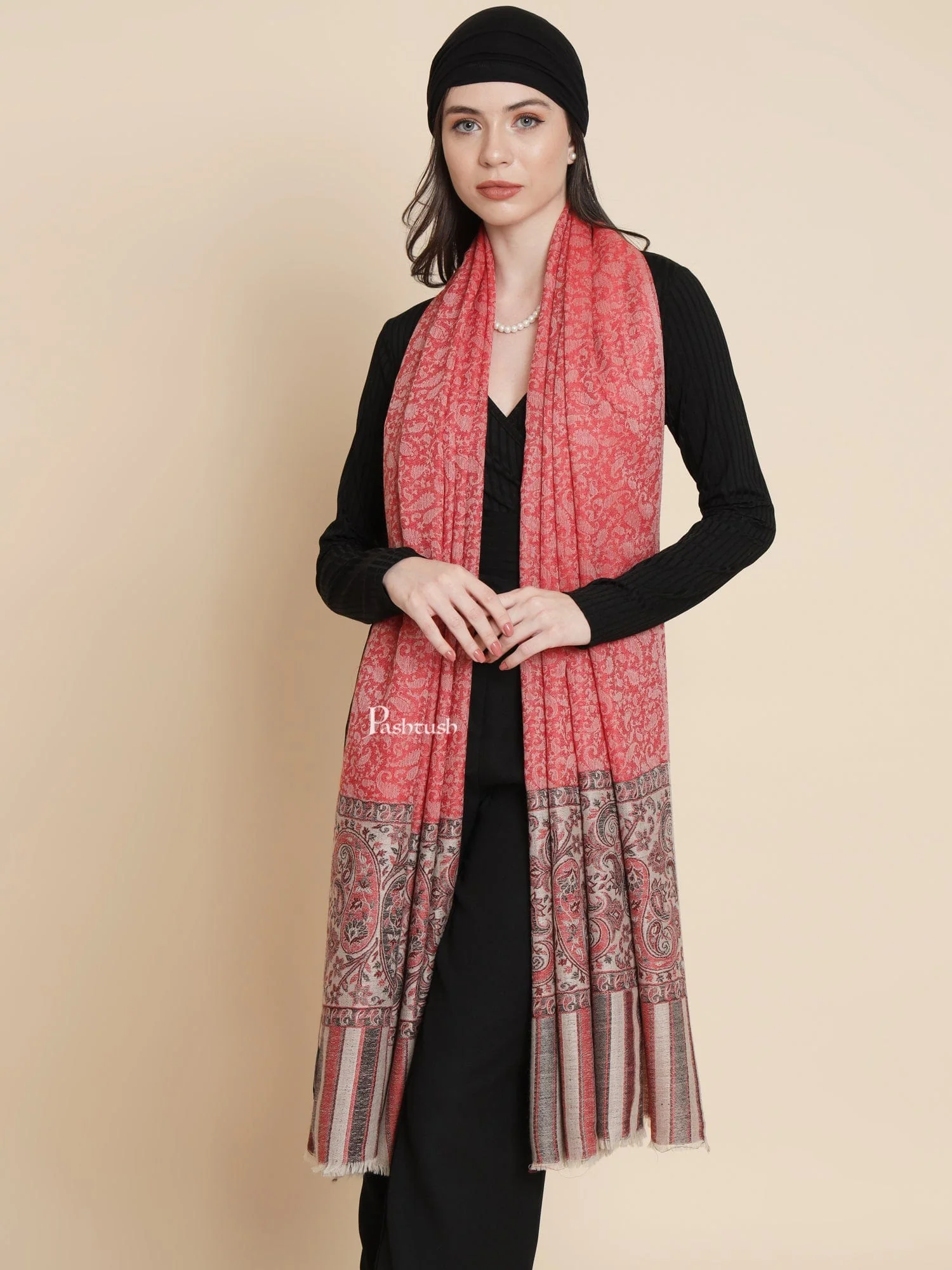 Pashtush Womens Extra Fine Wool Shawl, Paisley Weave Design, Taupe - Image 5