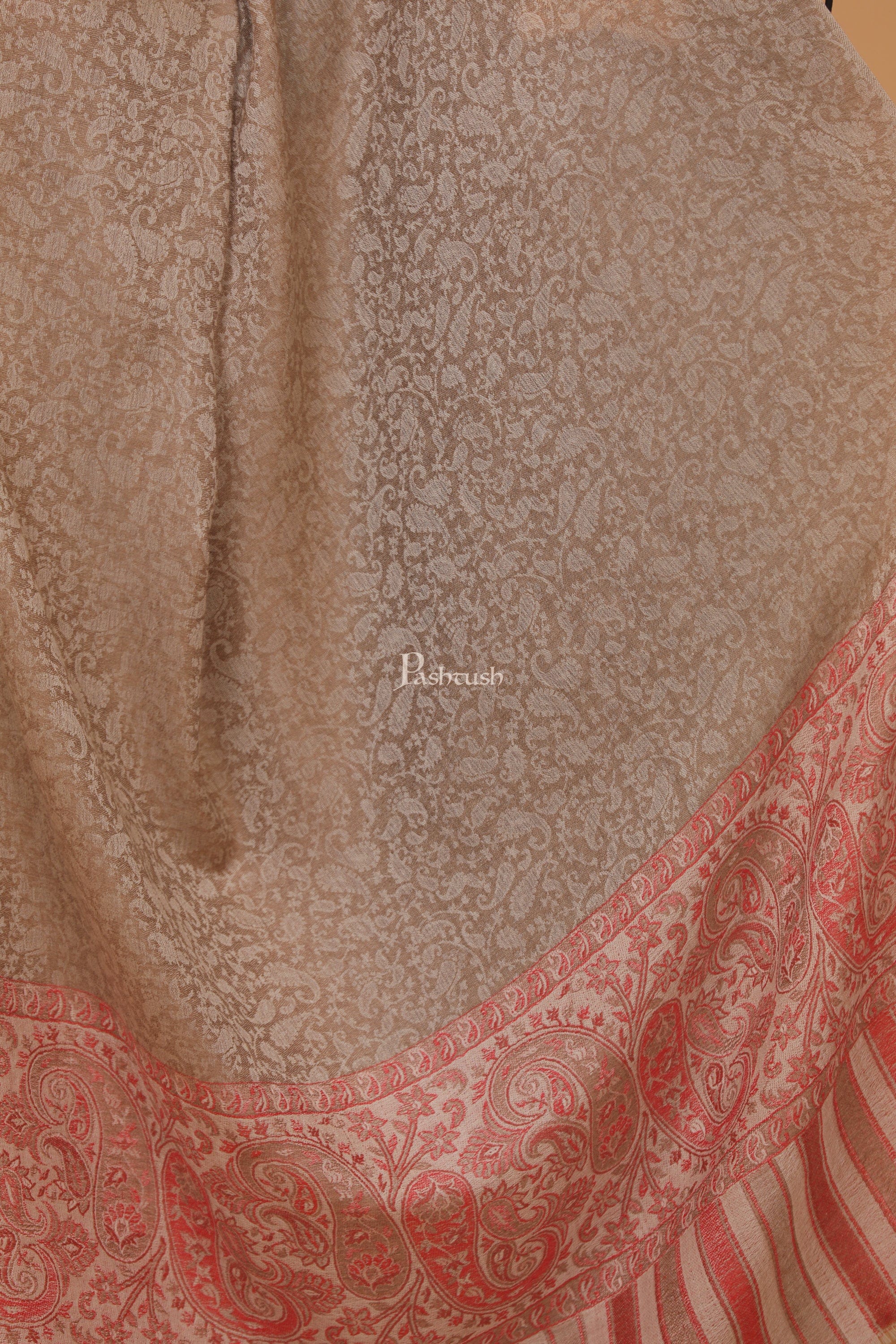 Pashtush womens Extra Fine Wool shawl, PAISLEY WEAVE design, Taupe - Image 4