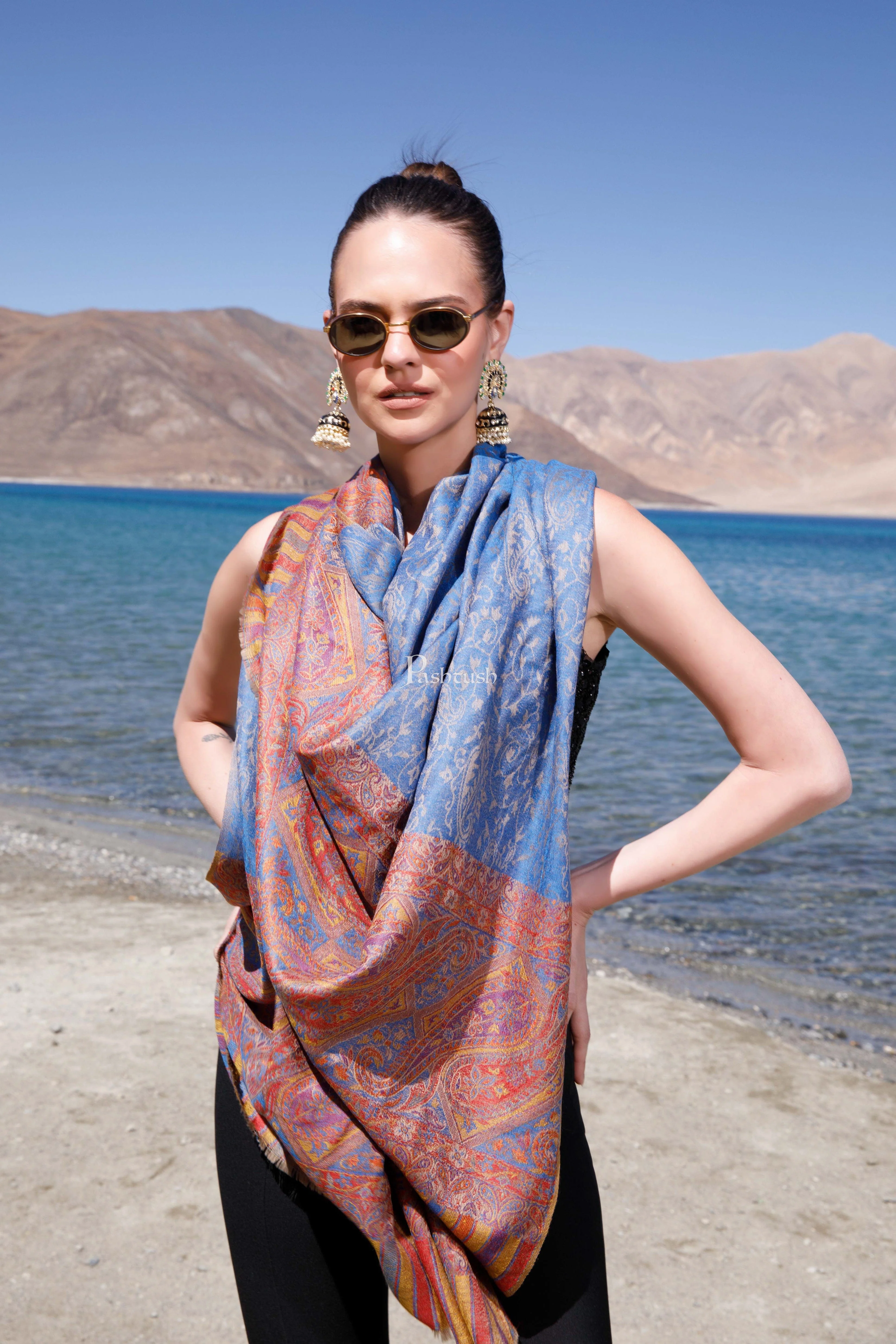 Pashtush Womens Extra Fine Wool Shawl, Paisley Weave Palla, Woven Design, Arabic Sea Blue