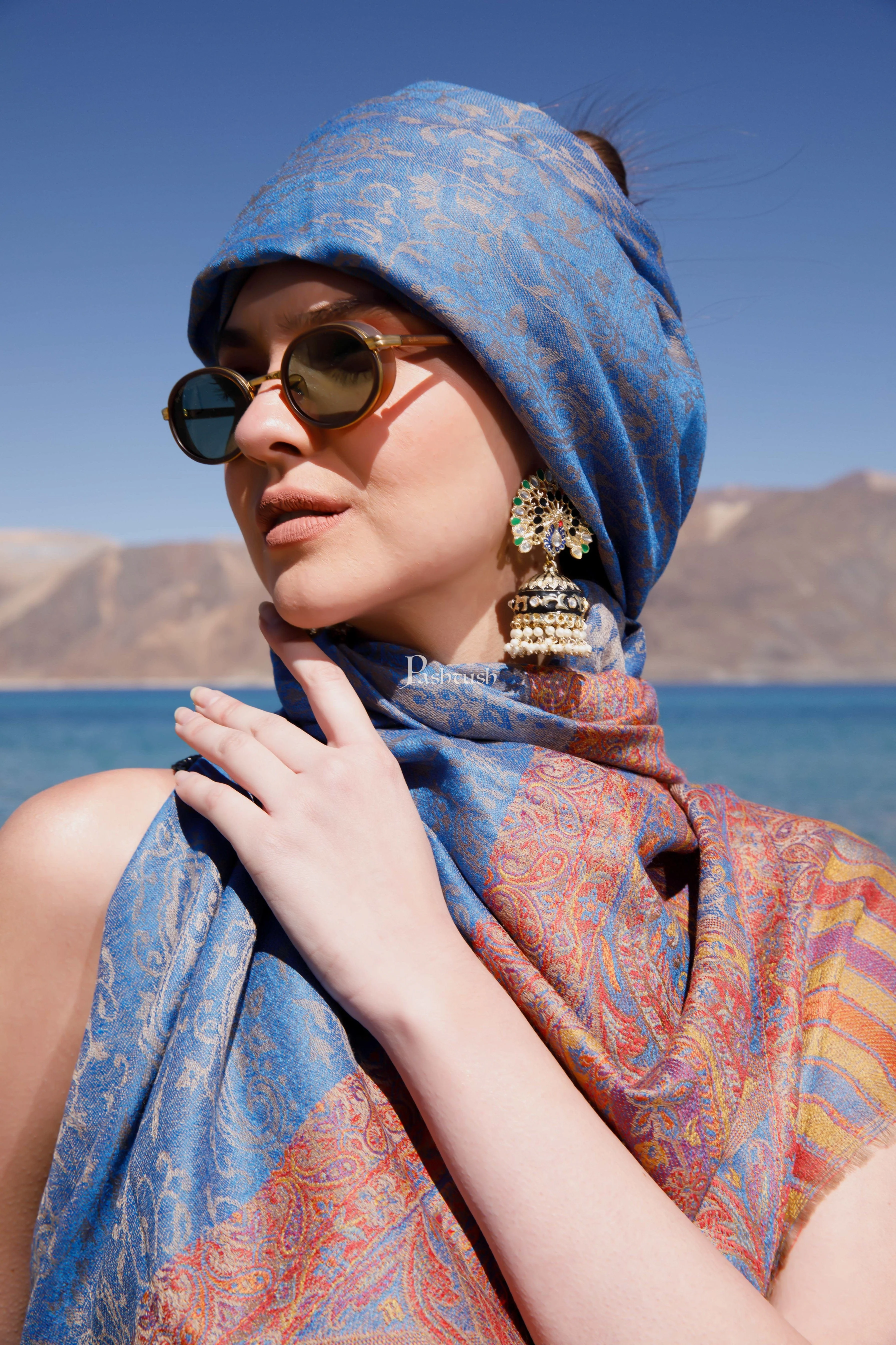 Pashtush Womens Extra Fine Wool Shawl, Paisley Weave Palla, Woven Design, Arabic Sea Blue - Image 2