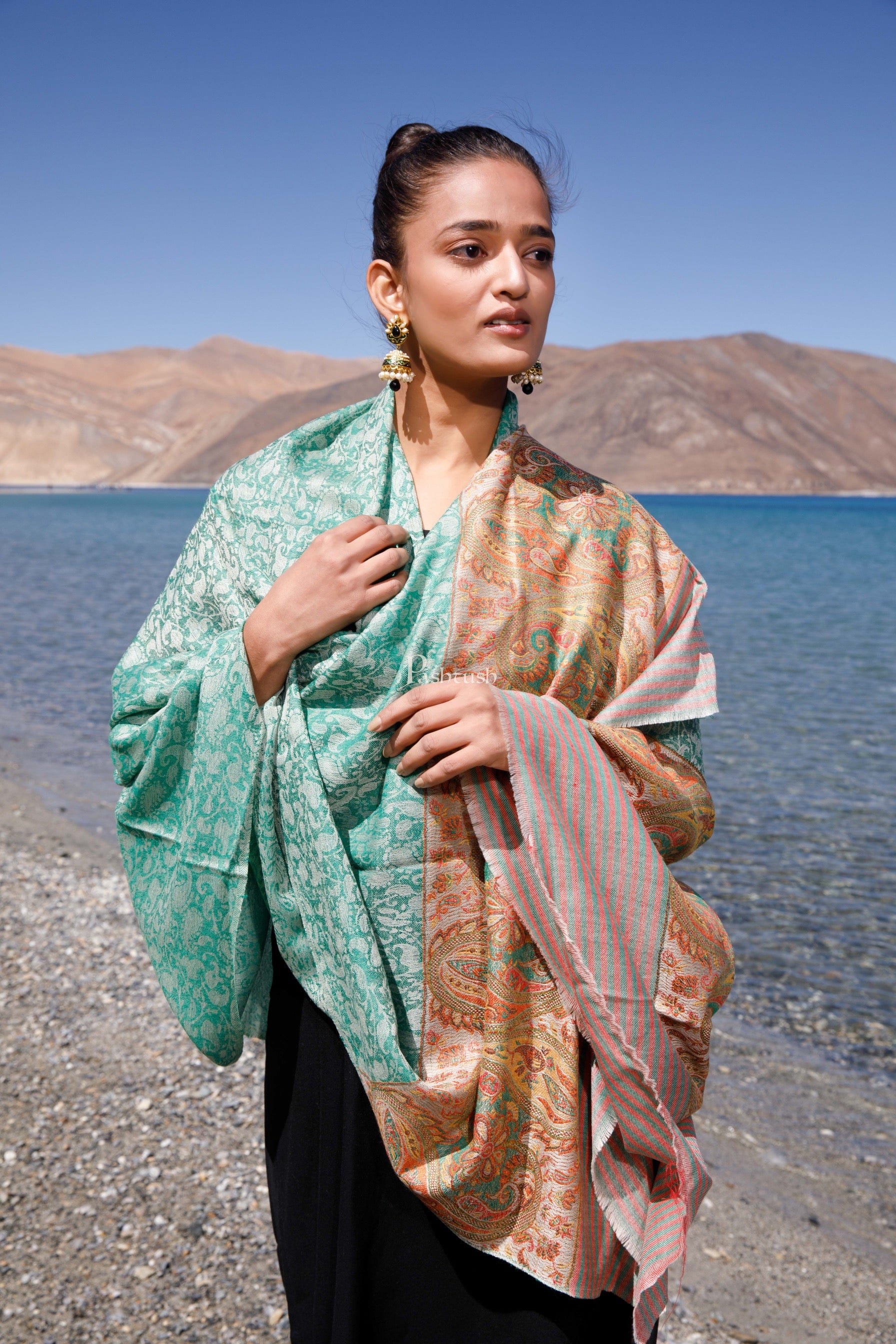 Pashtush Womens Extra Fine Wool Shawl, Paisley Weave Palla, Woven Design, Mystical Green - Image 3