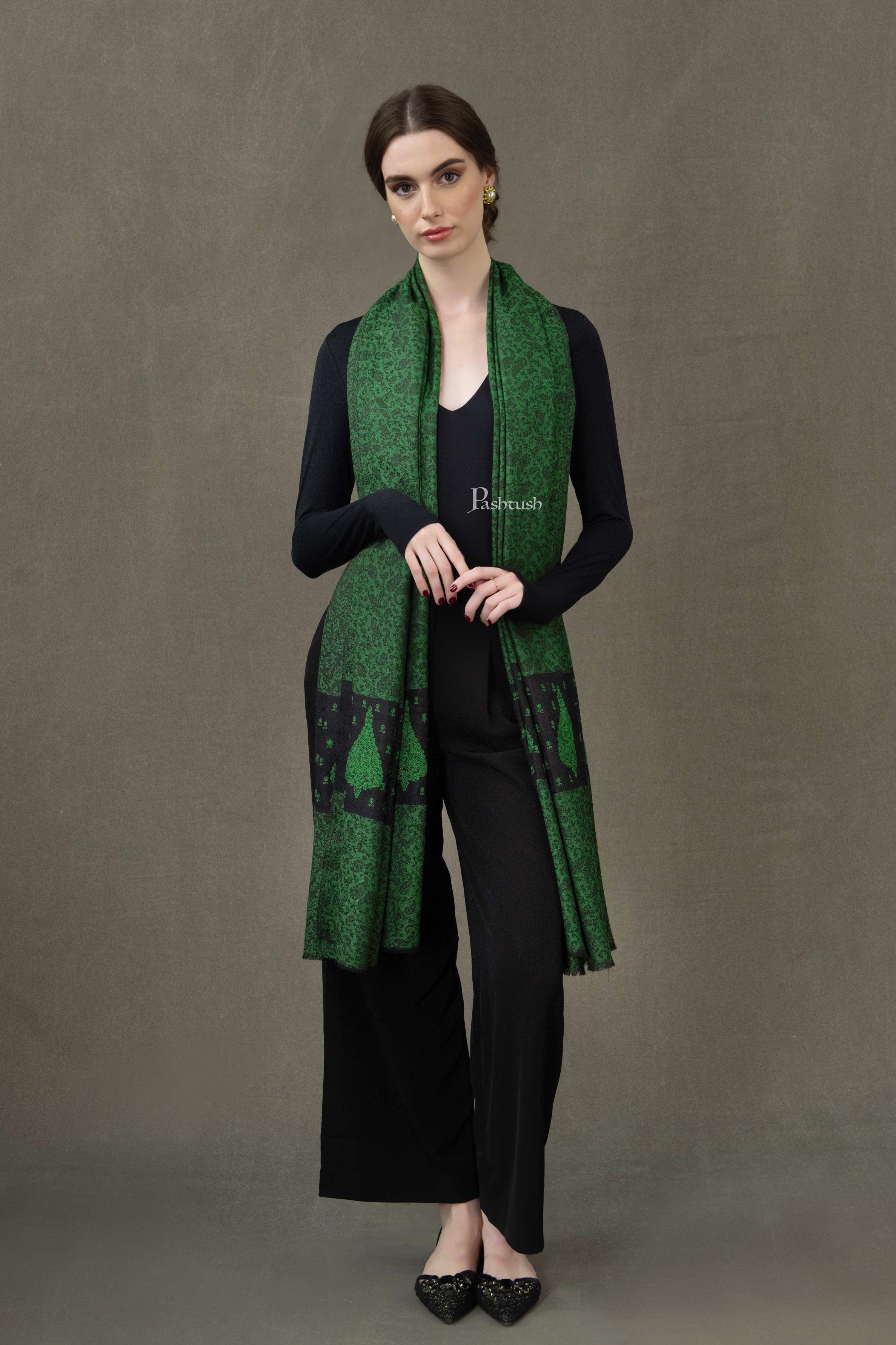 Pashtush Womens Extra Fine Wool Shawl, Pasiley Embroidery Palla Design, Green - Image 3