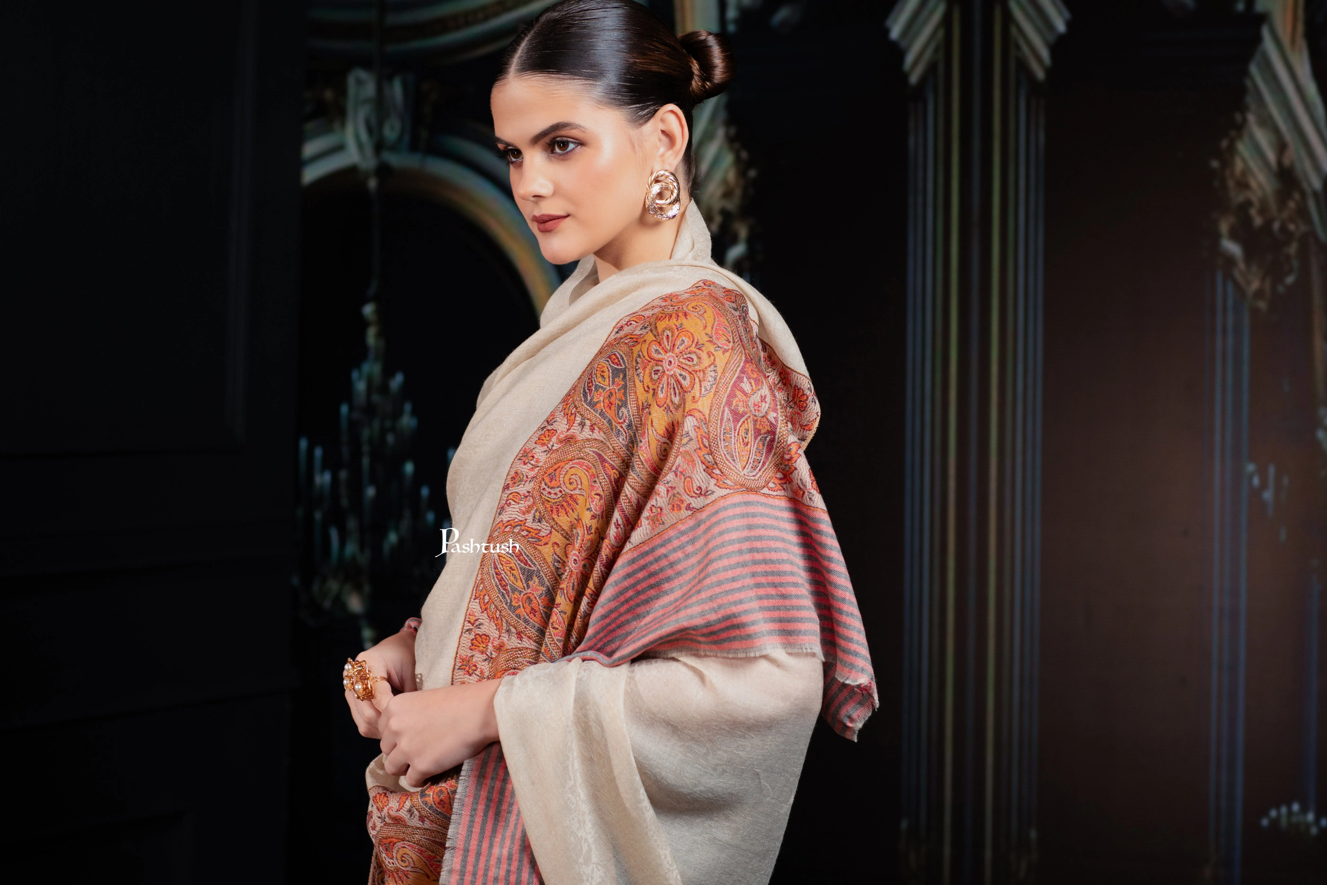 Pashtush Womens Extra Fine Wool Shawl, Pasiley Palla Design, Beige - Image 5