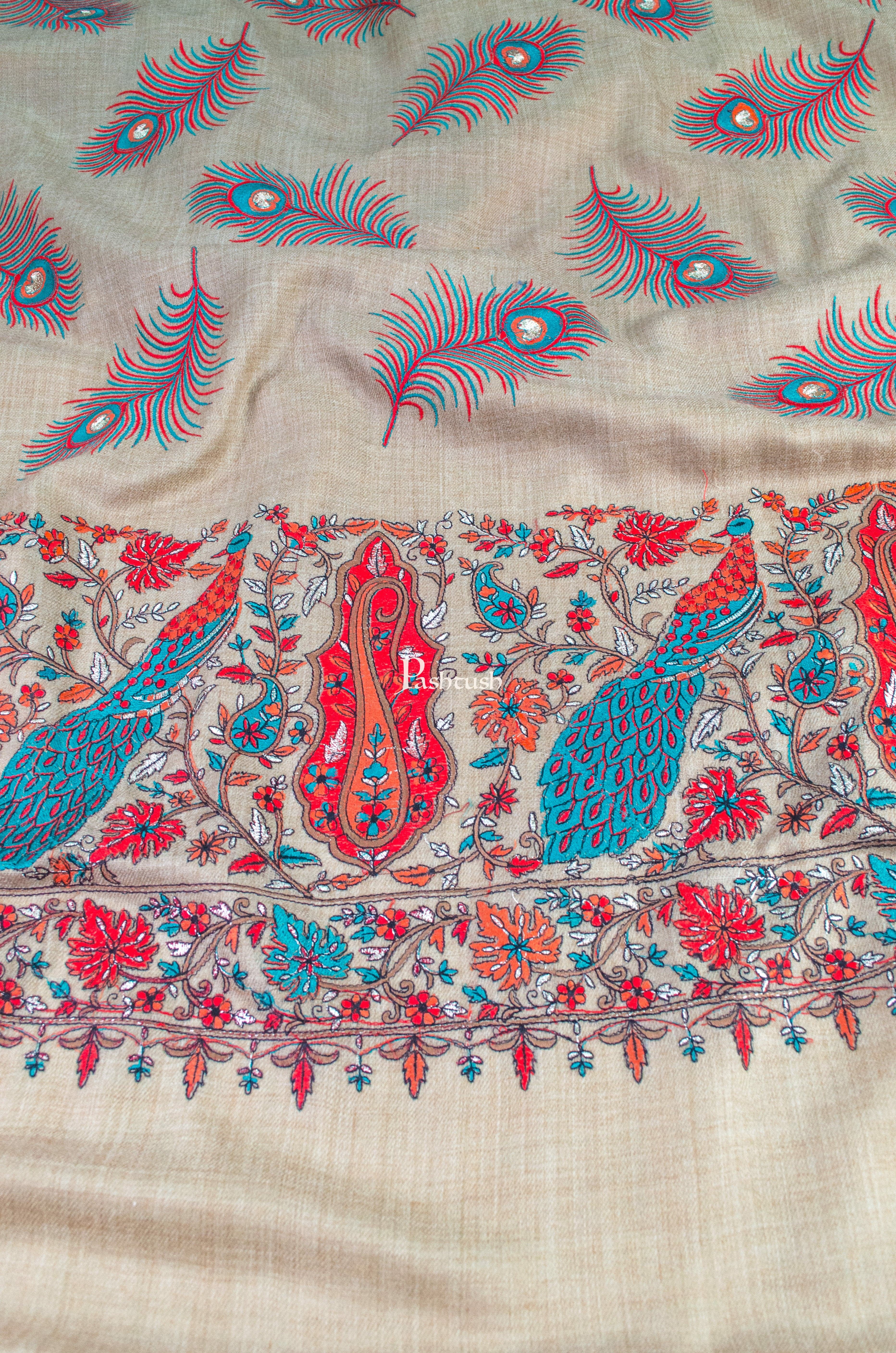 Pashtush Womens Extra Fine Wool Shawl, Peacock Silky Embroidery Design, Beige