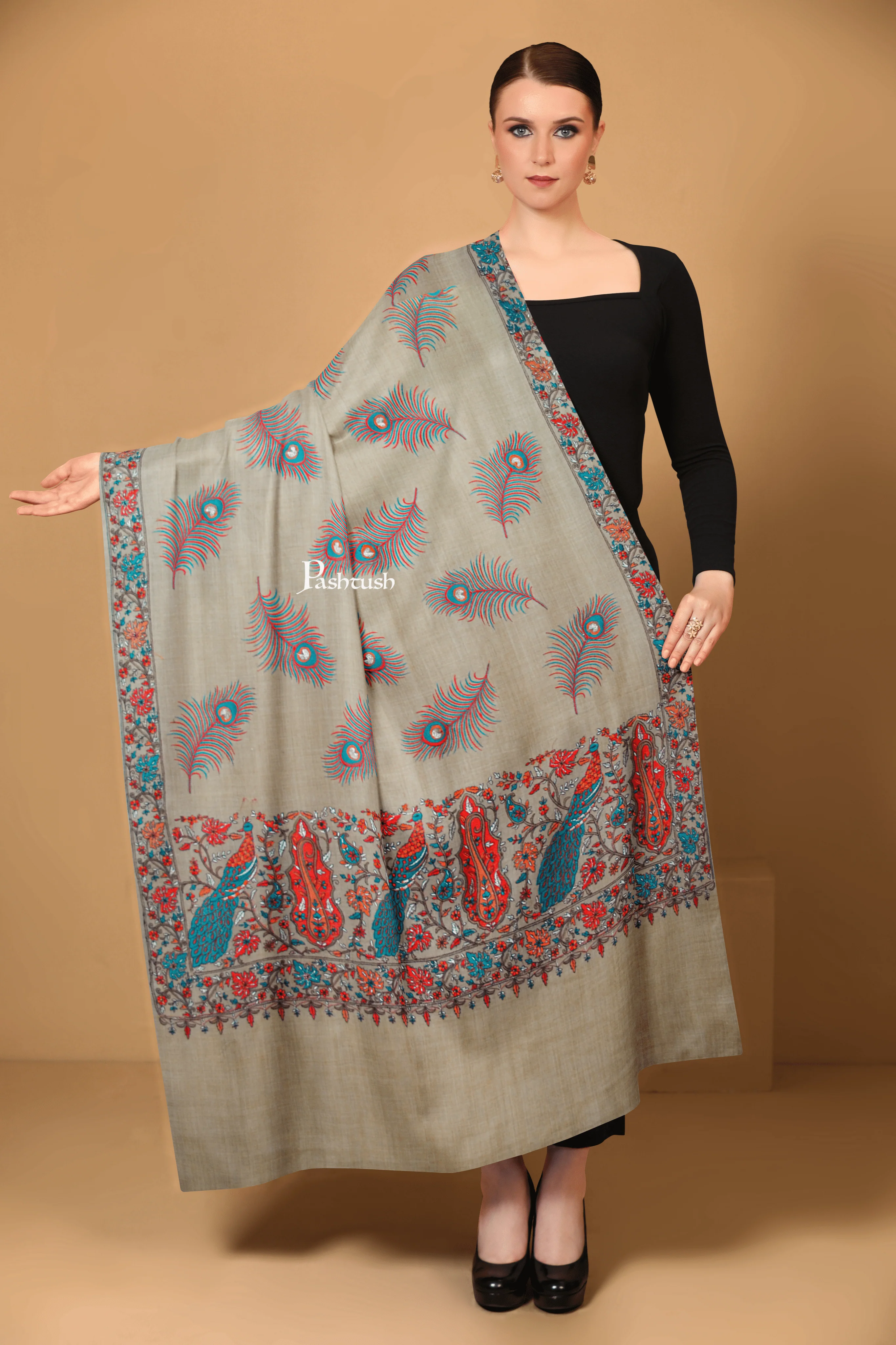 Pashtush Womens Extra Fine Wool Shawl, Peacock Silky Embroidery Design, Beige - Image 2