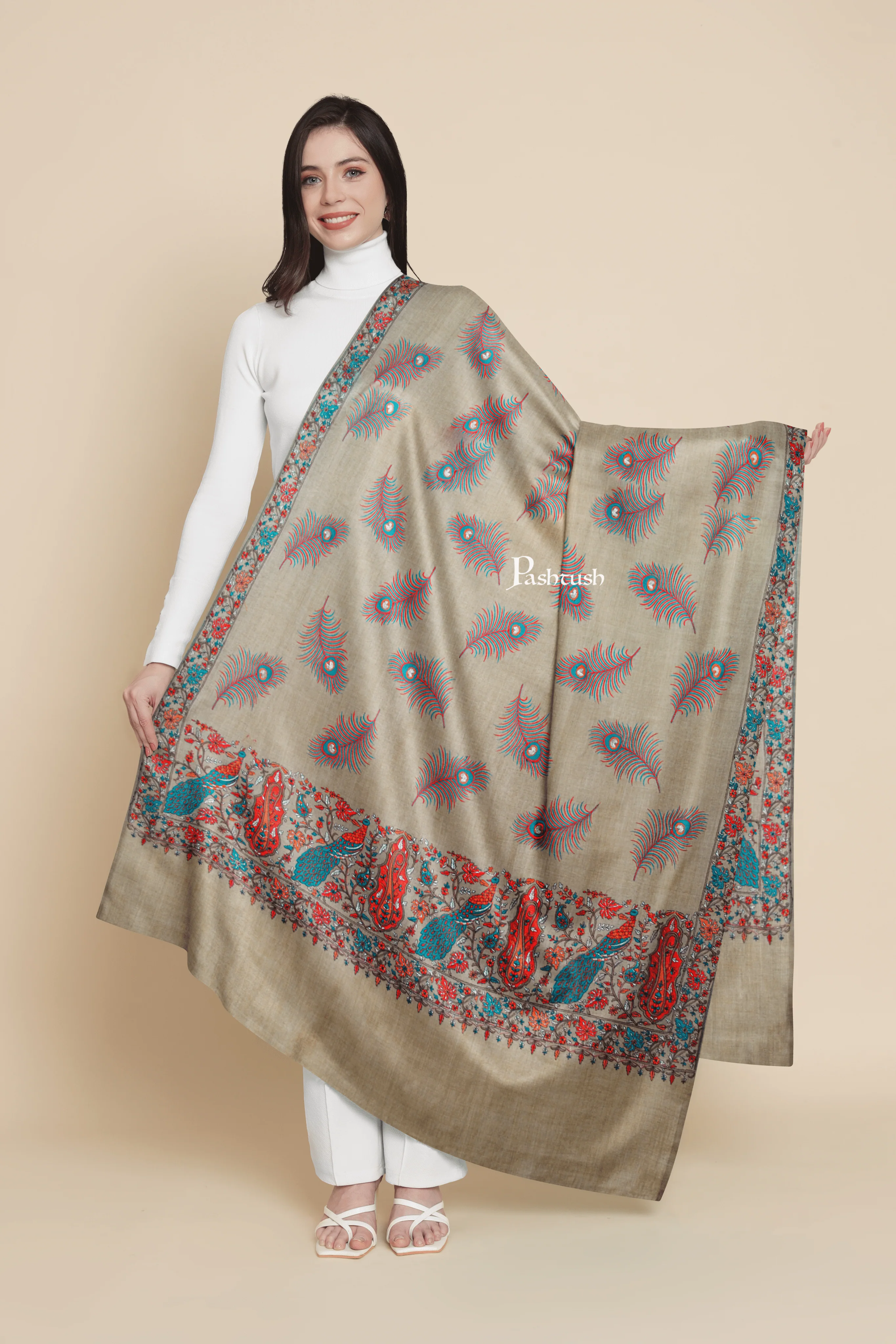 Pashtush Womens Extra Fine Wool Shawl, Peacock Silky Embroidery Design, Beige - Image 4