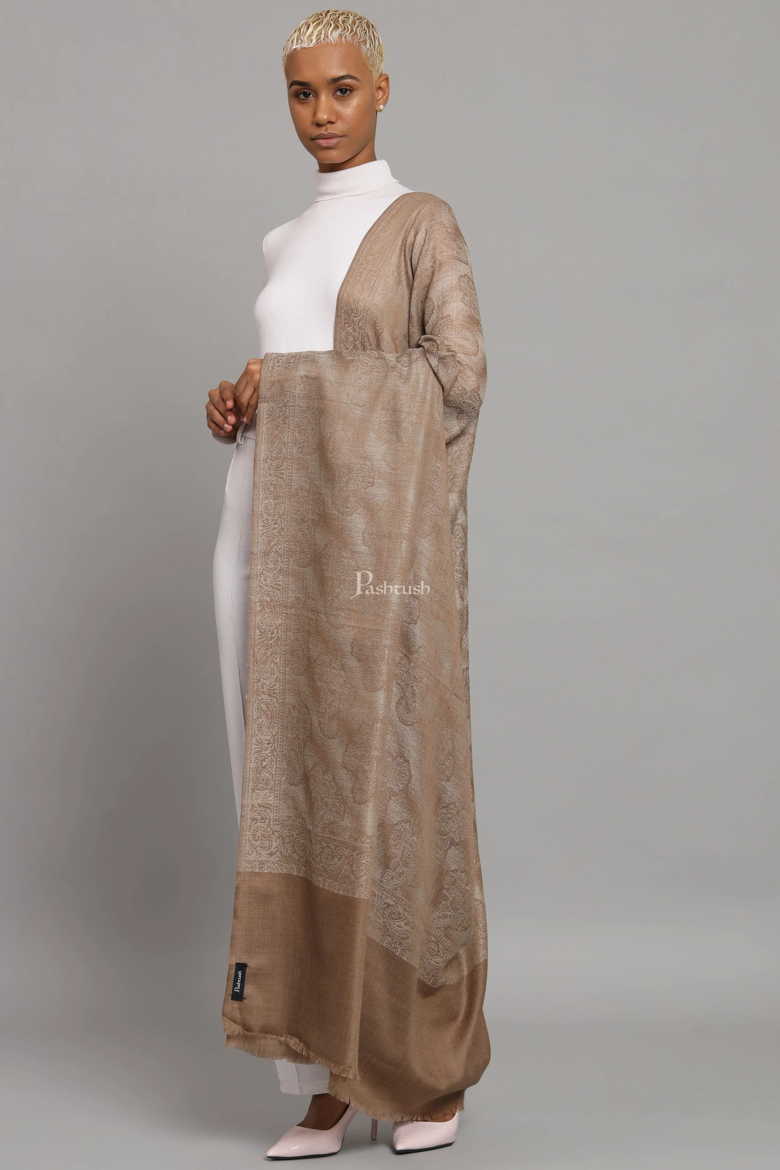 Pashtush Womens Extra Fine Wool Shawl, Self Paisley Woven Design, Taupe - Image 5
