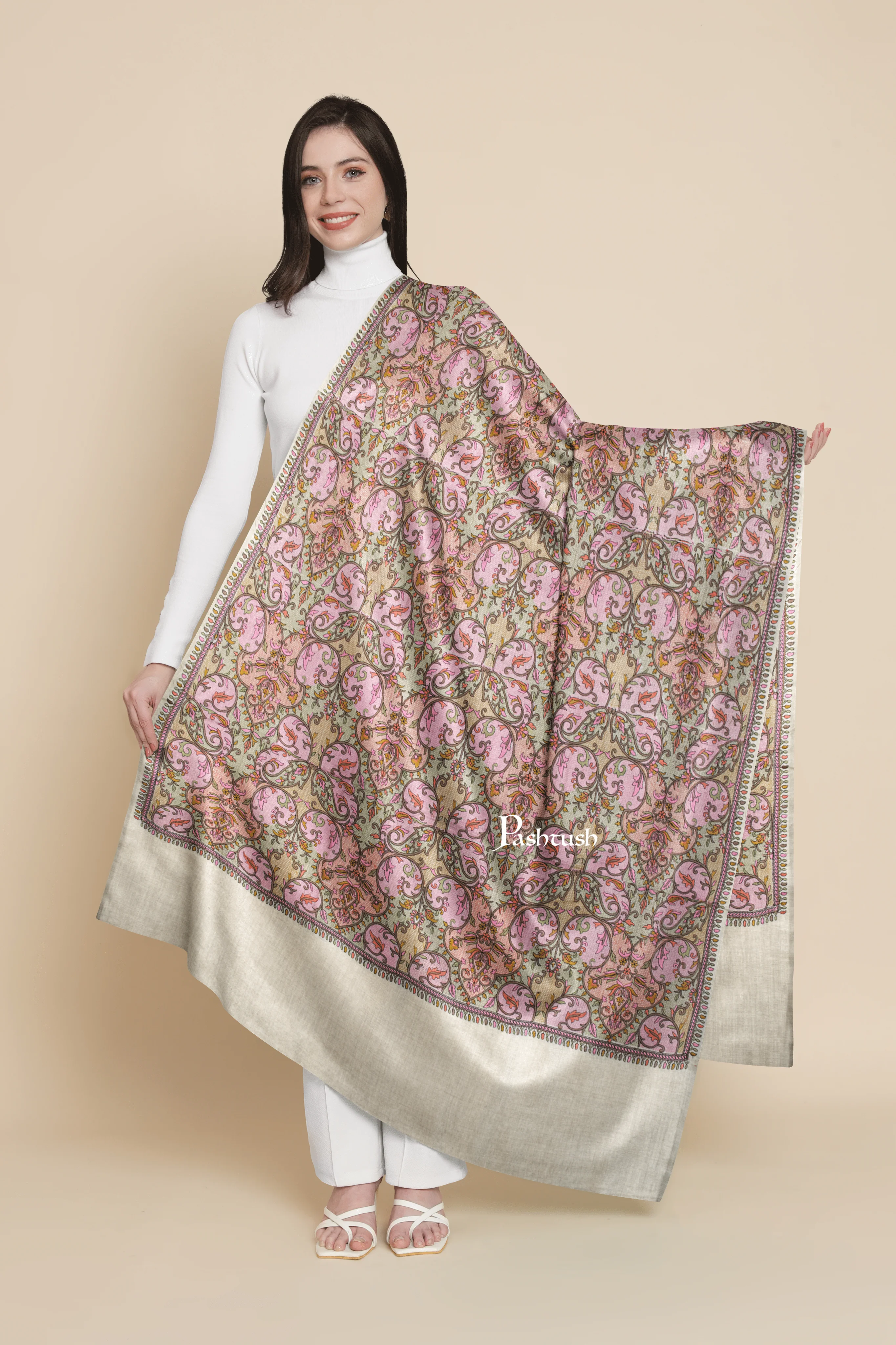 Pashtush Womens Extra Fine Wool Shawl, Silky Embroidery Kashmiri Jaal Design, Beige And Blue