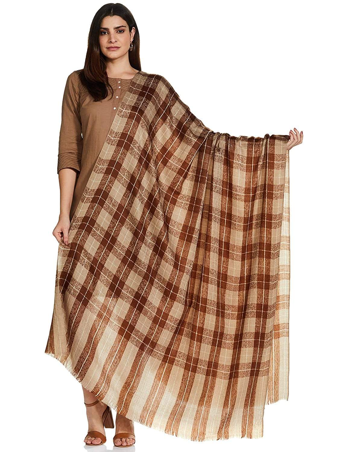 Pashtush Womens Extra Fine Wool Shawl, Soft And Warm, Choco Checks, ( Large Wrap Size ) - Image 10