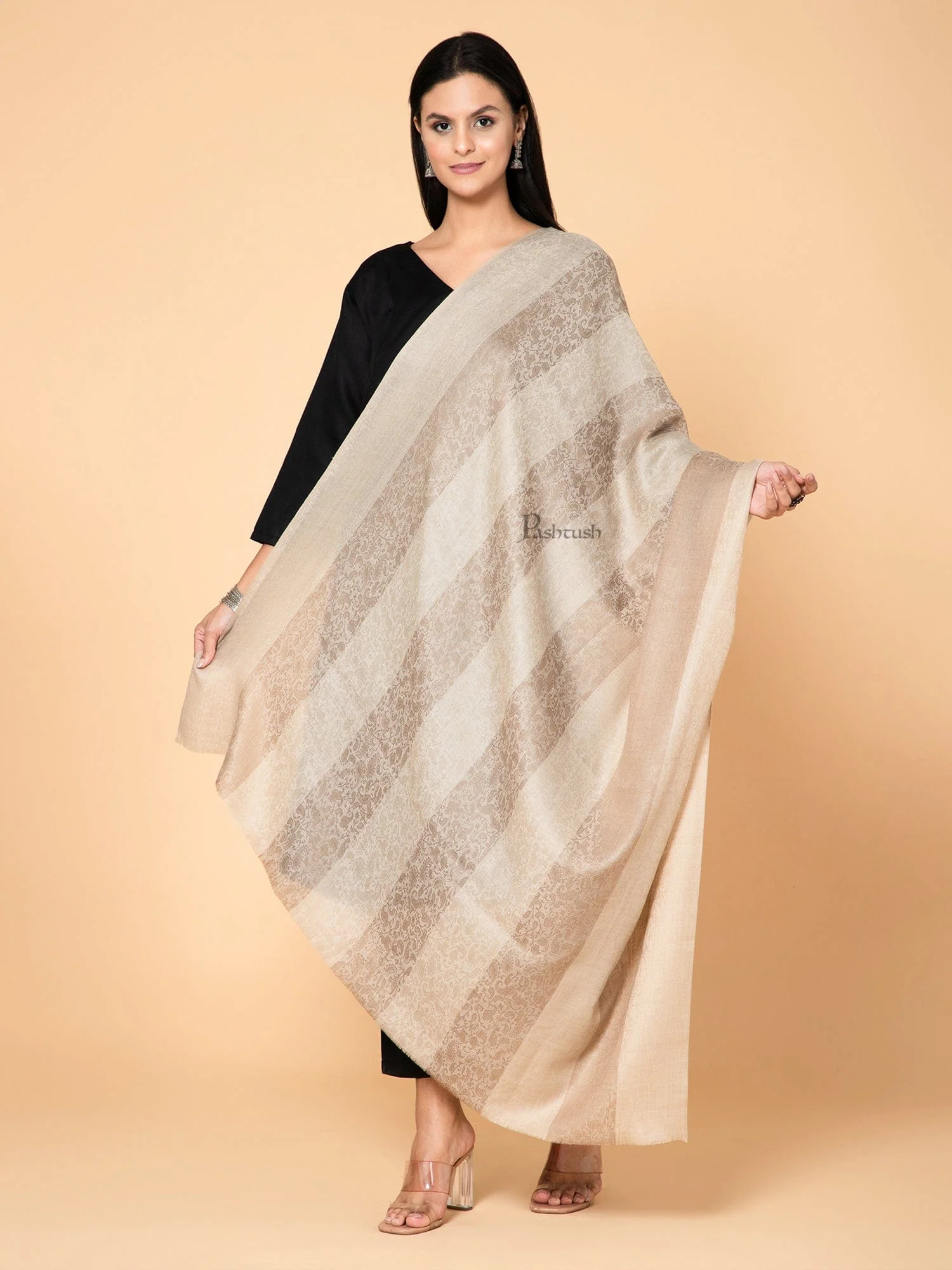 Pashtush Womens Extra Fine Wool Shawl, Soft And Warm, Striped Beige, Large Size - Image 3