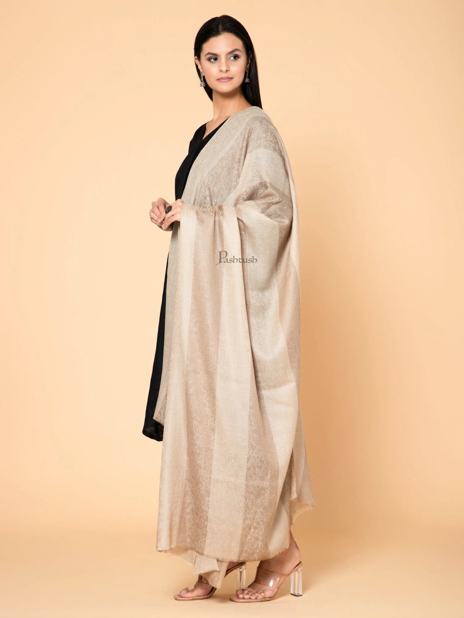 Pashtush Womens Extra Fine Wool Shawl, Soft And Warm, Striped Beige, Large Size - Image 5