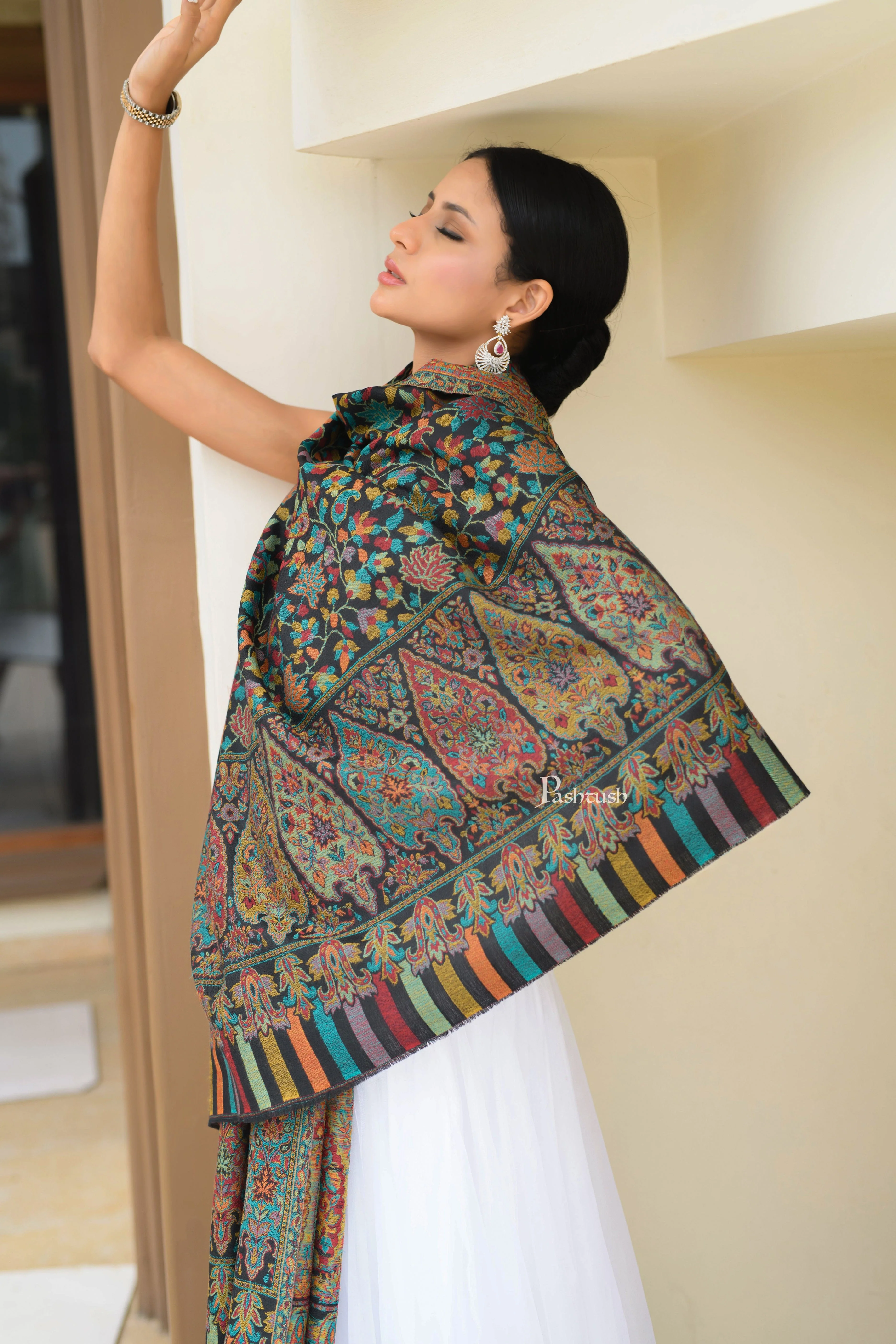 Pashtush Womens Extra Fine Wool Shawl, Soft, Ethnic Weave Design Design, Black - Image 5
