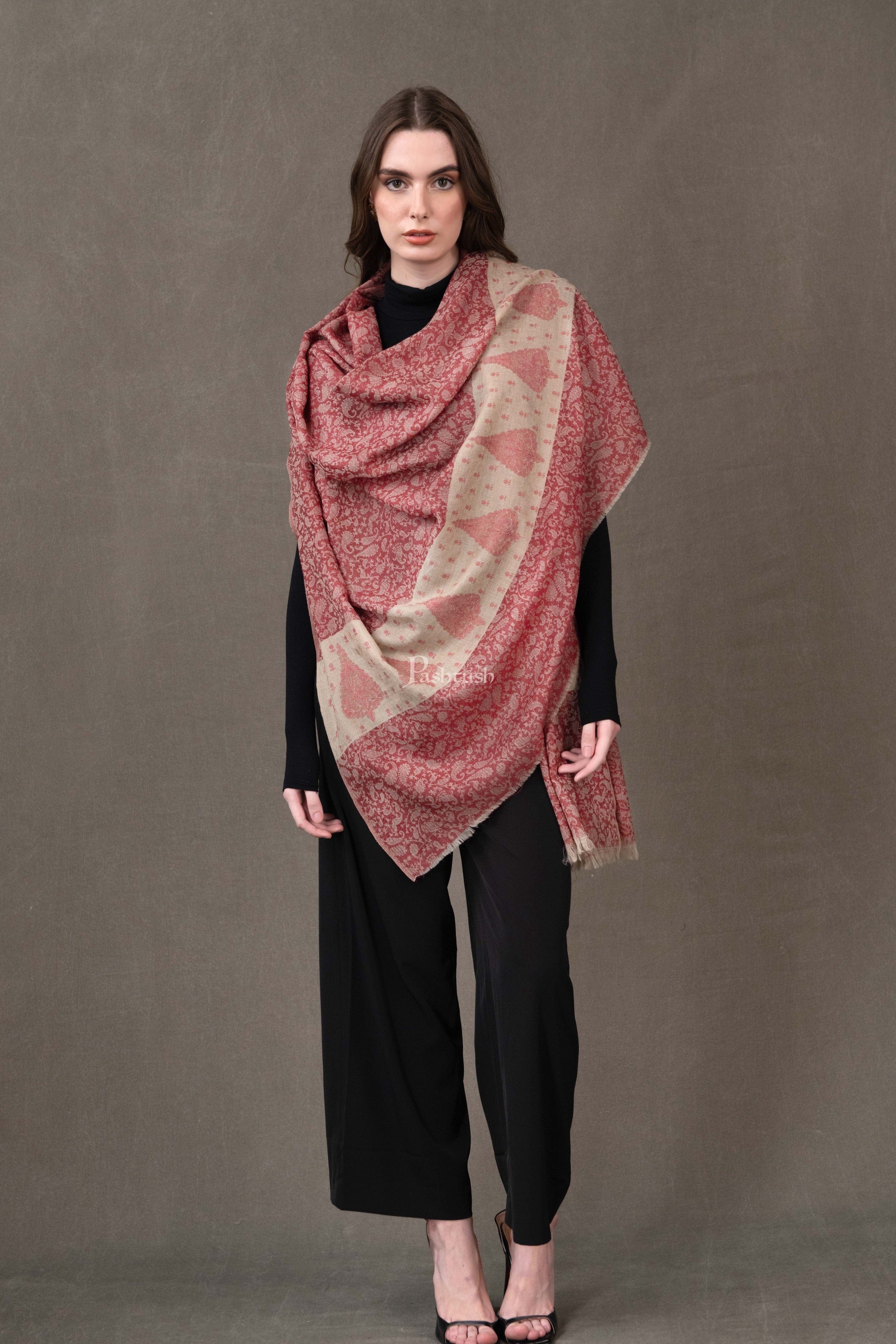 Pashtush Womens Extra Fine Wool Shawl, Soft Tone On Tone Embroidery Design, Beige And Maroon - Image 2
