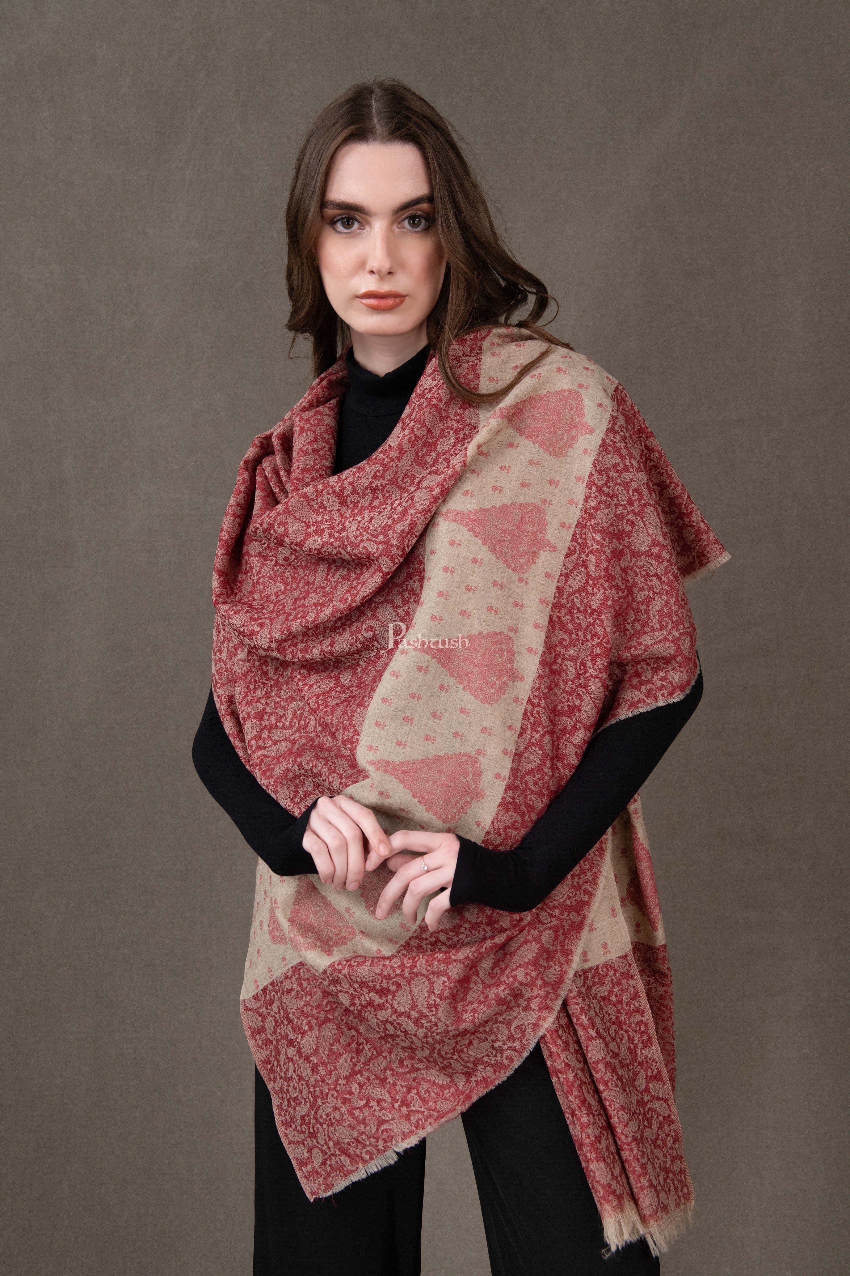 Pashtush Womens Extra Fine Wool Shawl, Soft Tone On Tone Embroidery Design, Beige And Maroon - Image 3