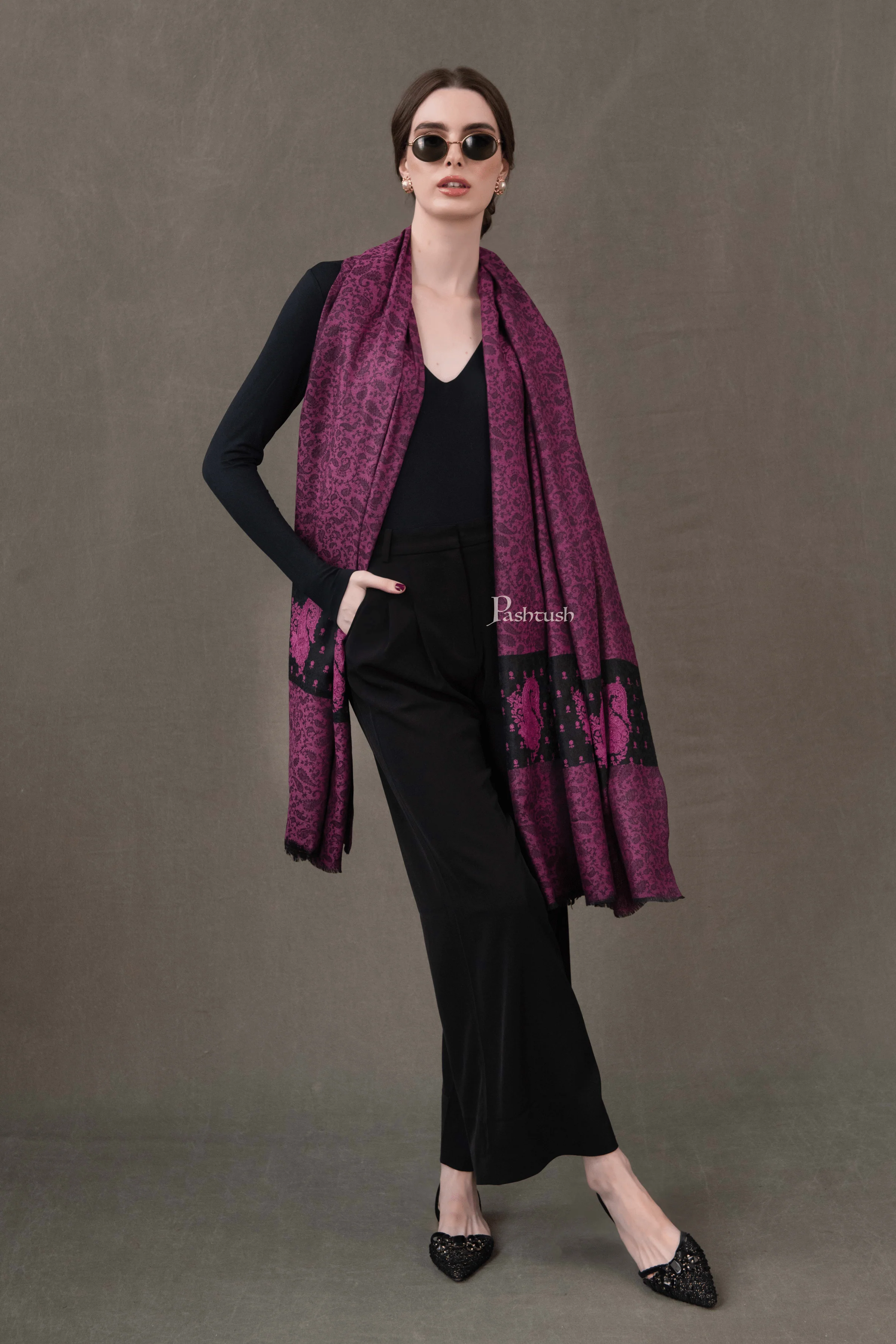 Pashtush Womens Extra Fine Wool Shawl, Soft Tone On Tone Embroidery Design, Pink Black