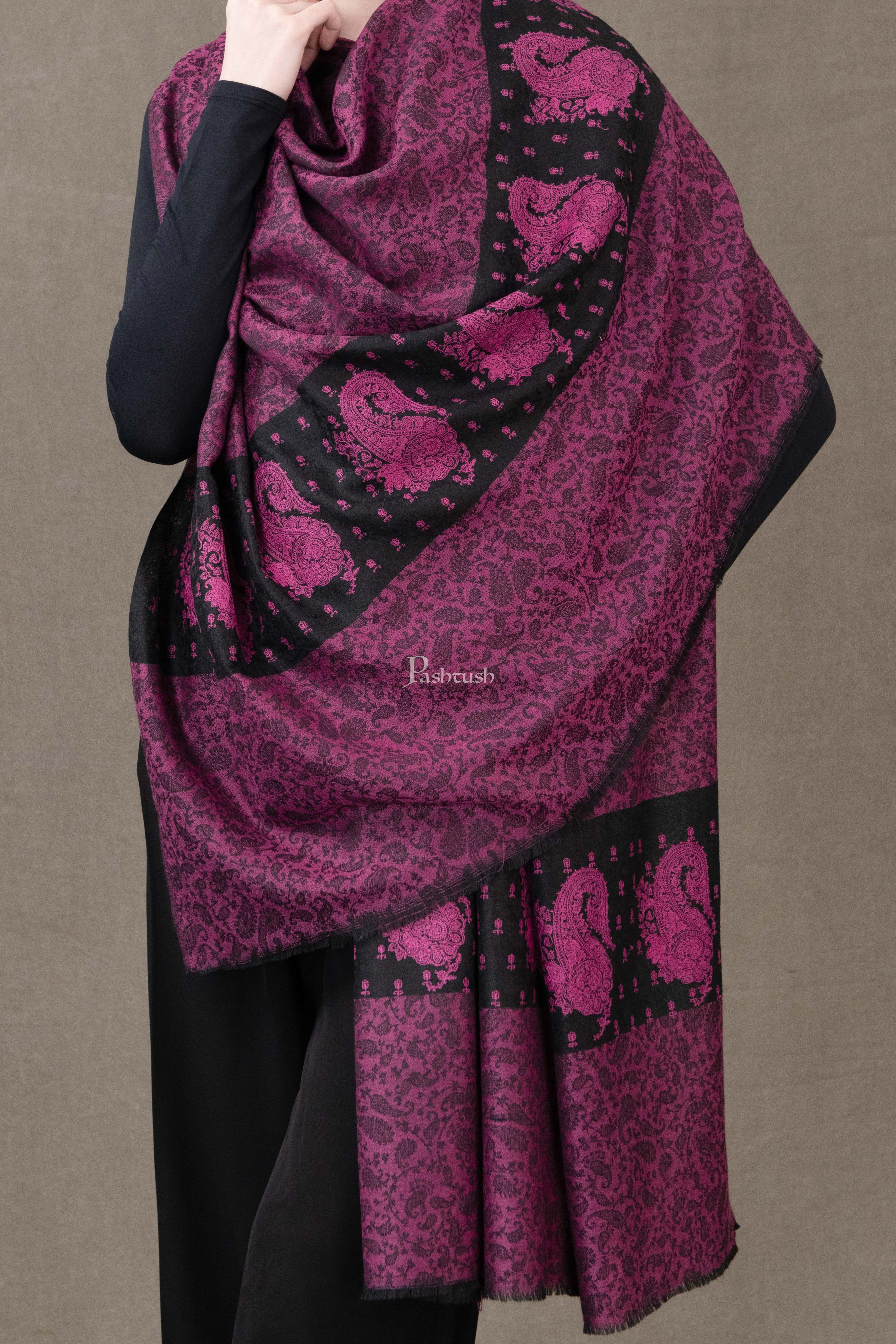 Pashtush Womens Extra Fine Wool Shawl, Soft Tone On Tone Embroidery Design, Pink Black - Image 2