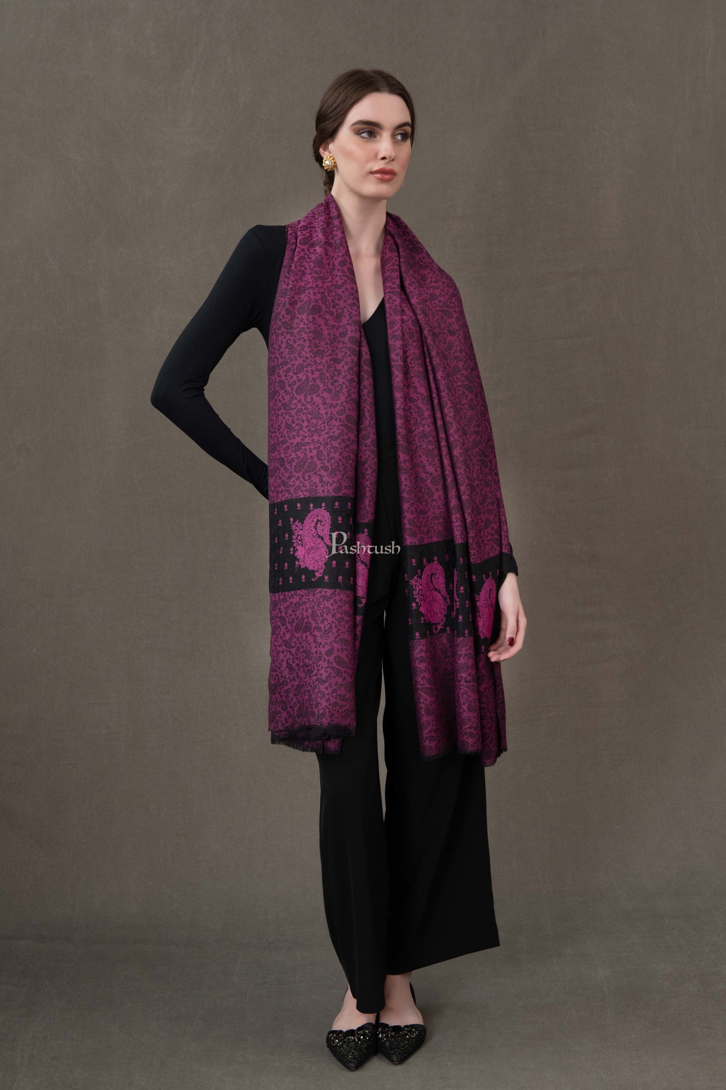 Pashtush Womens Extra Fine Wool Shawl, Soft Tone On Tone Embroidery Design, Pink Black - Image 4