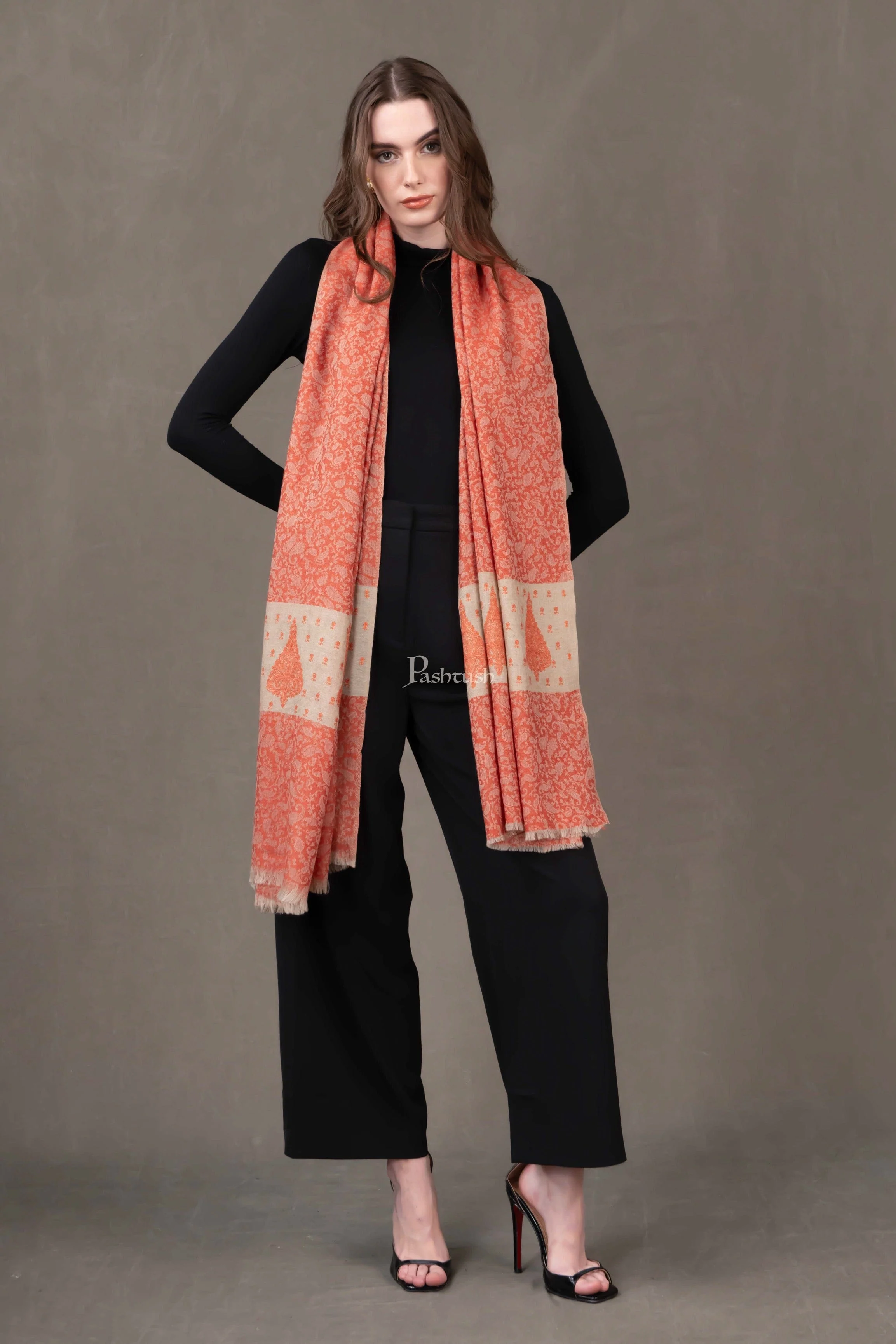 Pashtush Womens Extra Fine Wool Shawl, Soft Tone On Tone Embroidery Design, Orange - Image 7