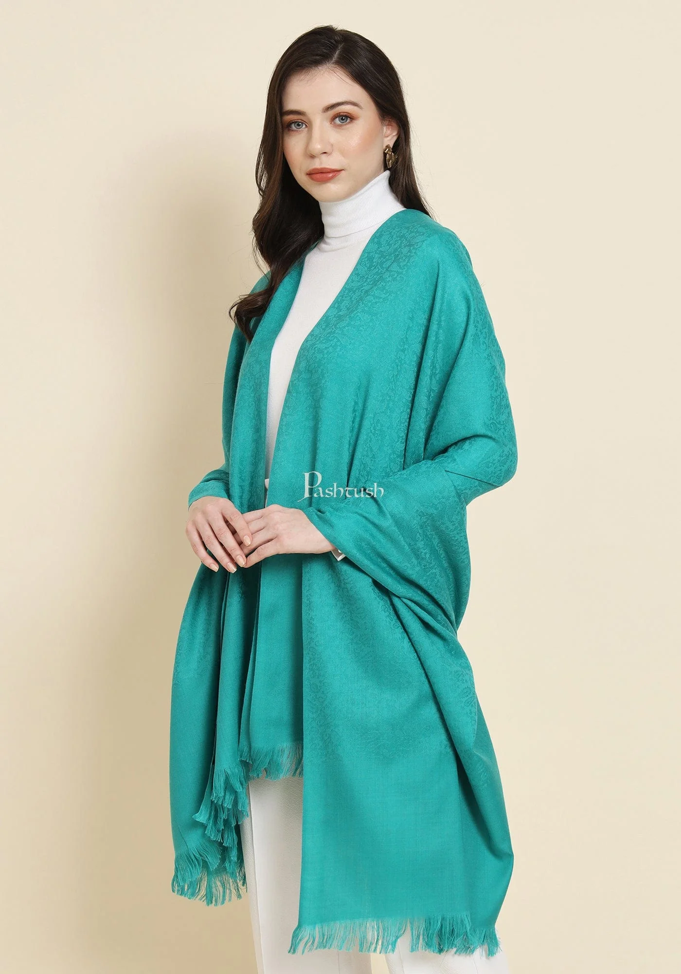 Pashtush Womens Extra Fine Wool Shawl, Solid Arabic Sea Green - Image 3