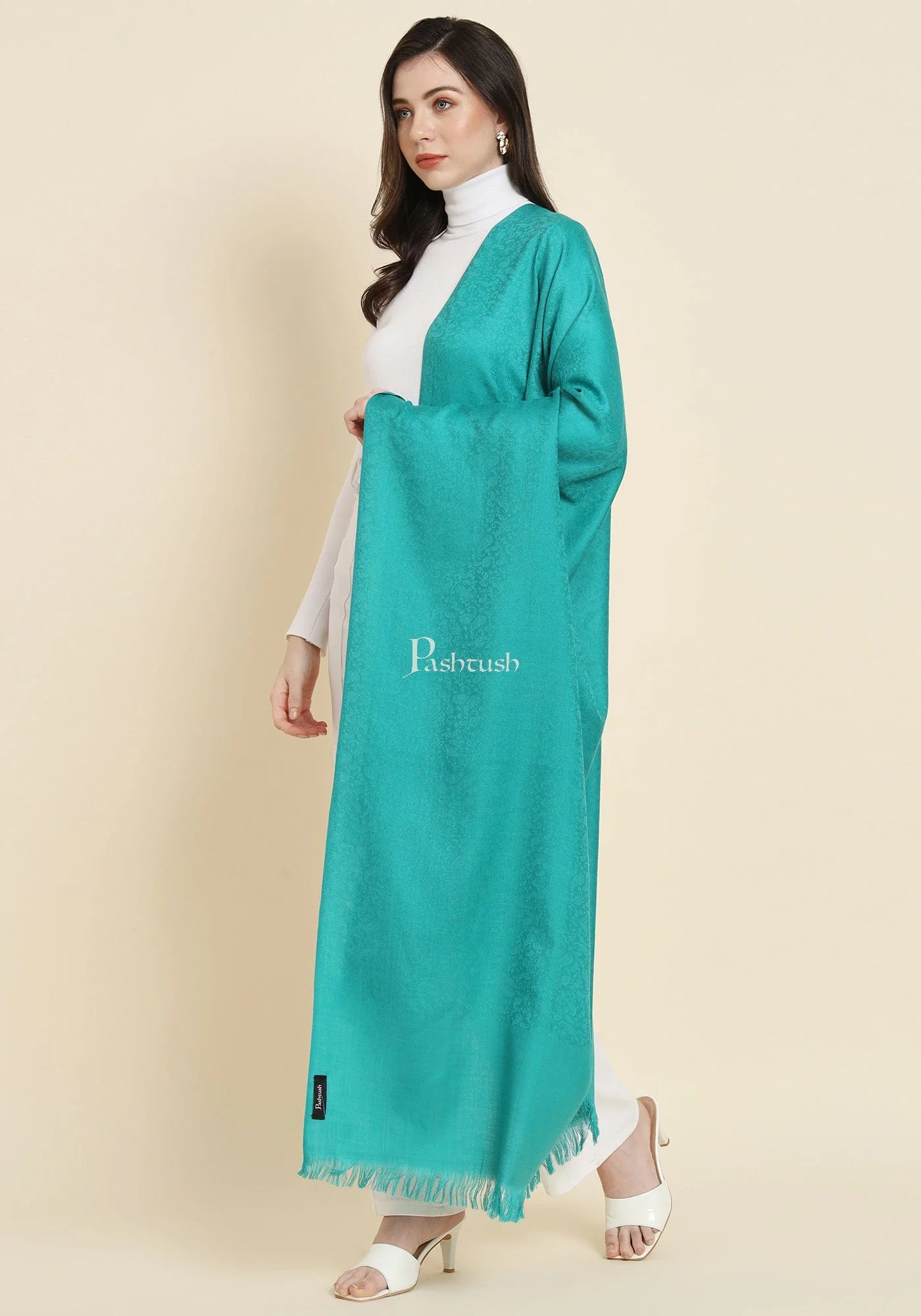 Pashtush Womens Extra Fine Wool Shawl, Solid Arabic Sea Green - Image 5