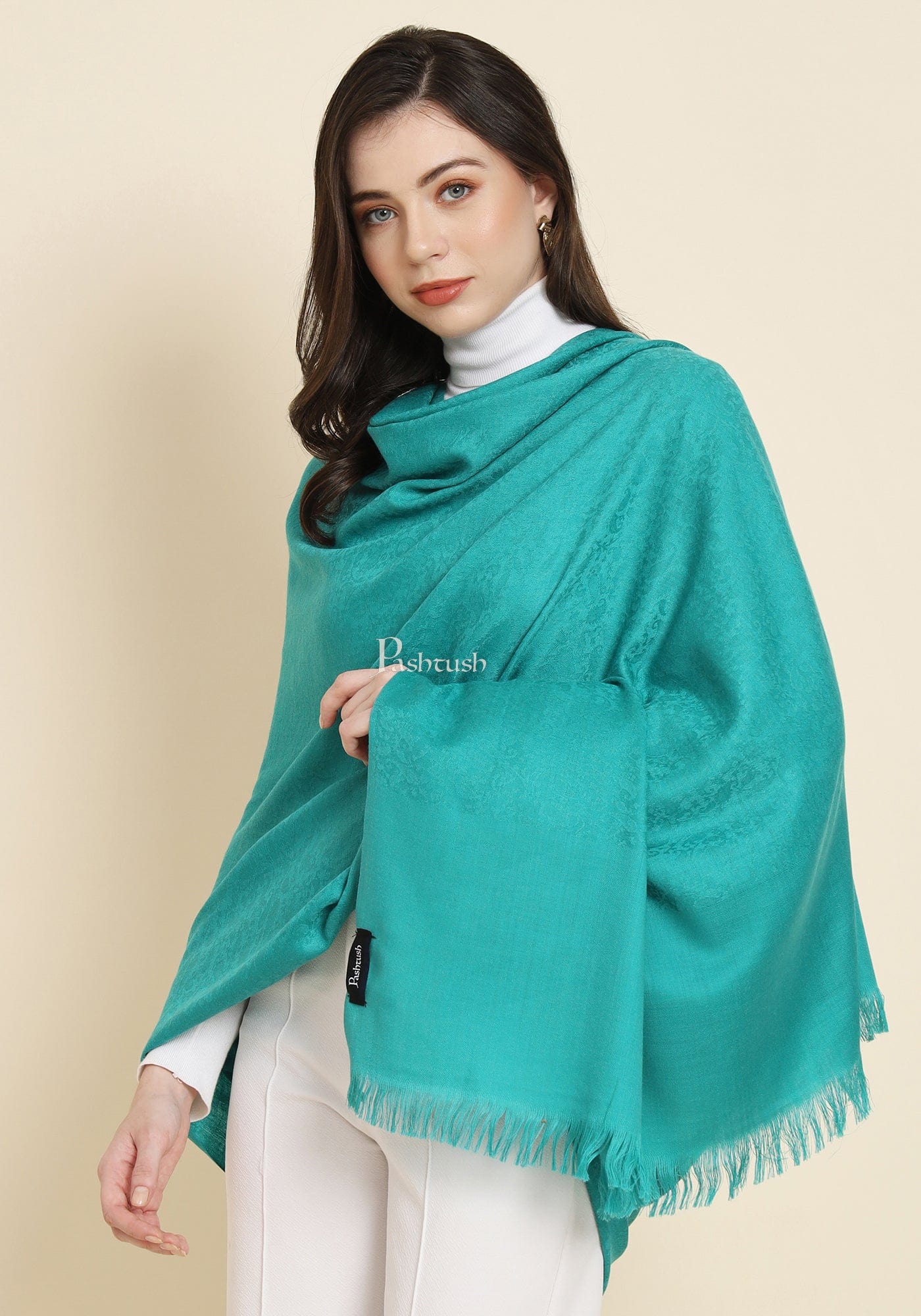 Pashtush Womens Extra Fine Wool Shawl, Solid Arabic Sea Green - Image 6