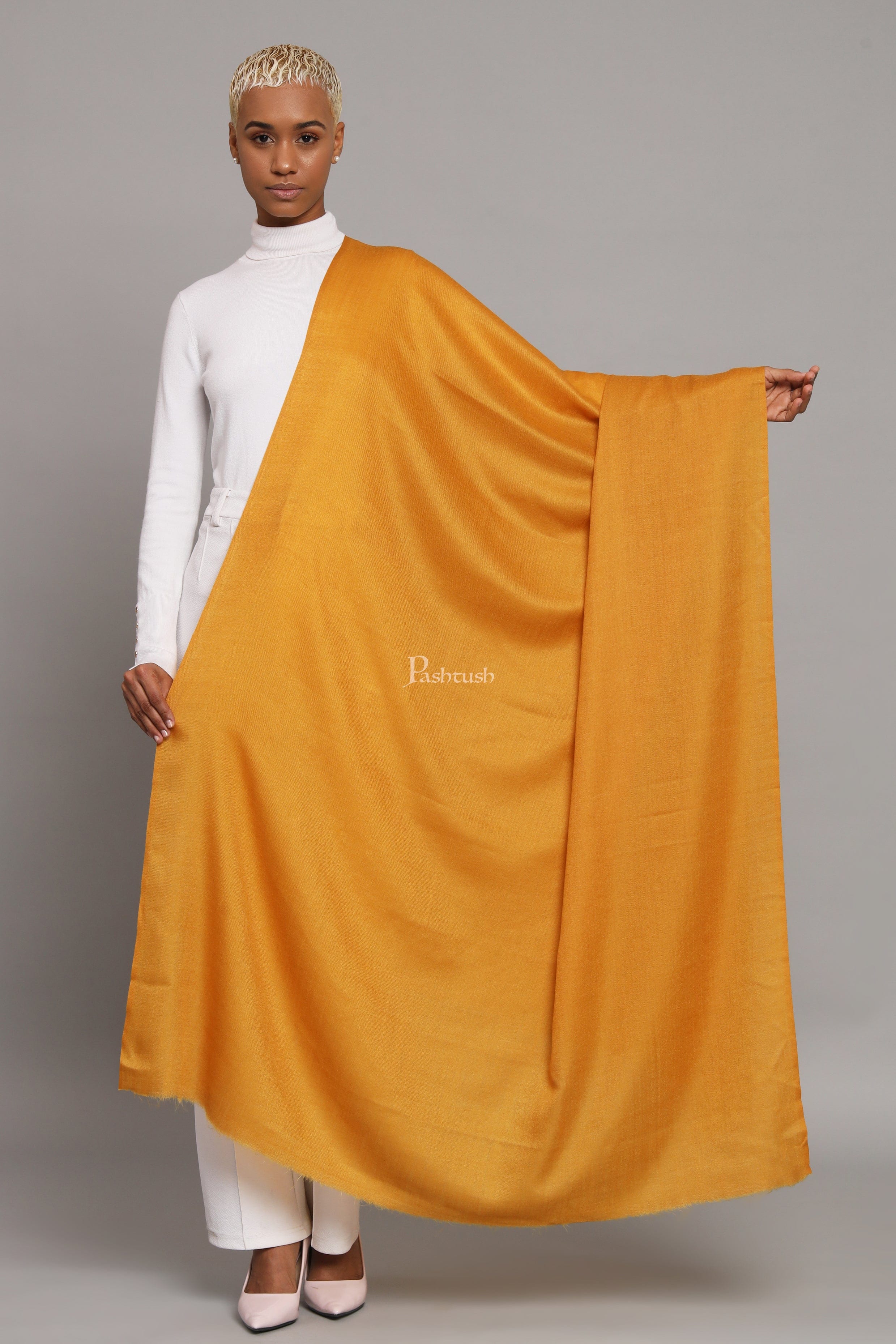 Pashtush Womens Extra Fine Wool Shawl, Solid Weave Design, Mustard - Image 2
