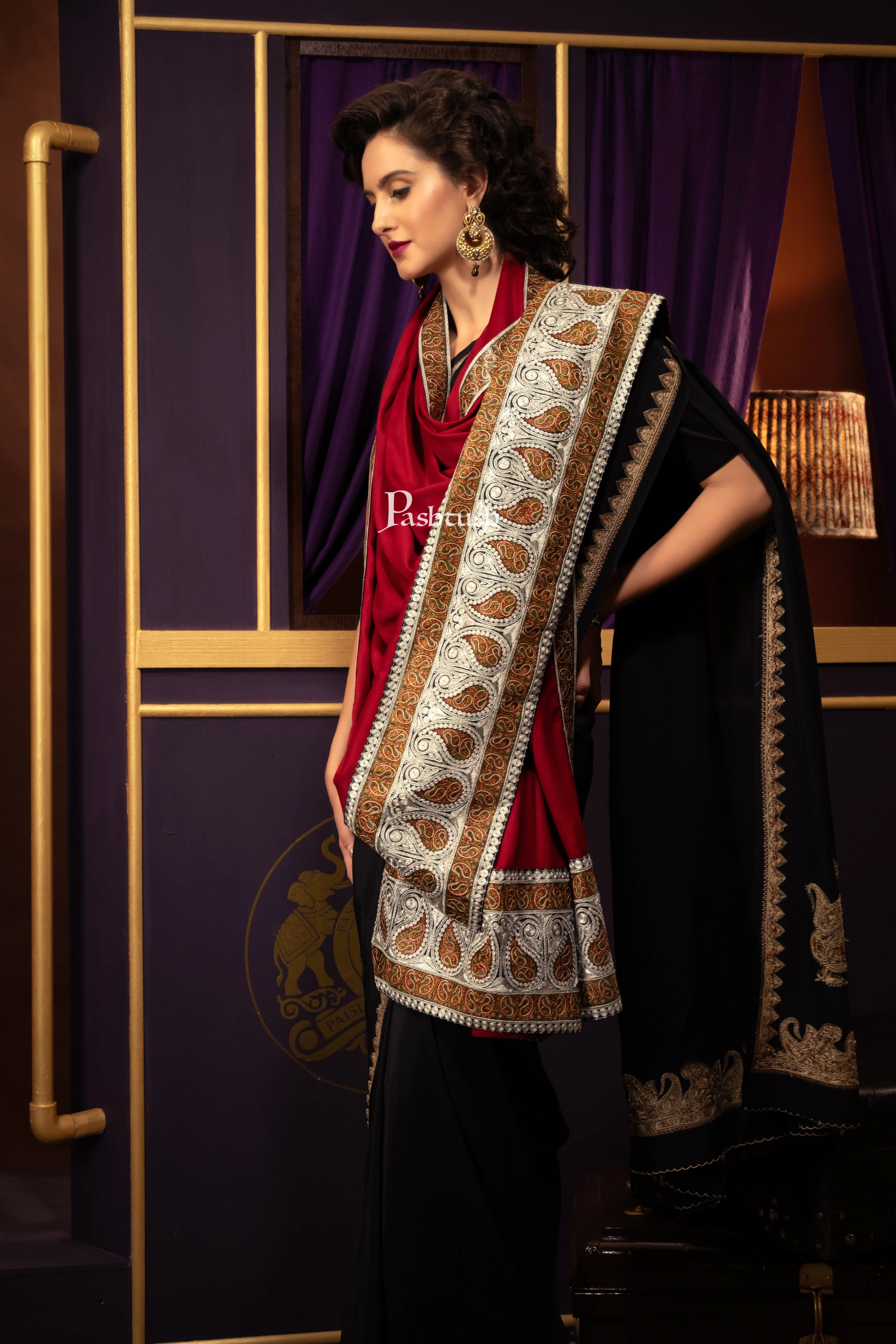 Pashtush Womens Extra Fine Wool Shawl, Tilla Work Design, Maroon - Image 3