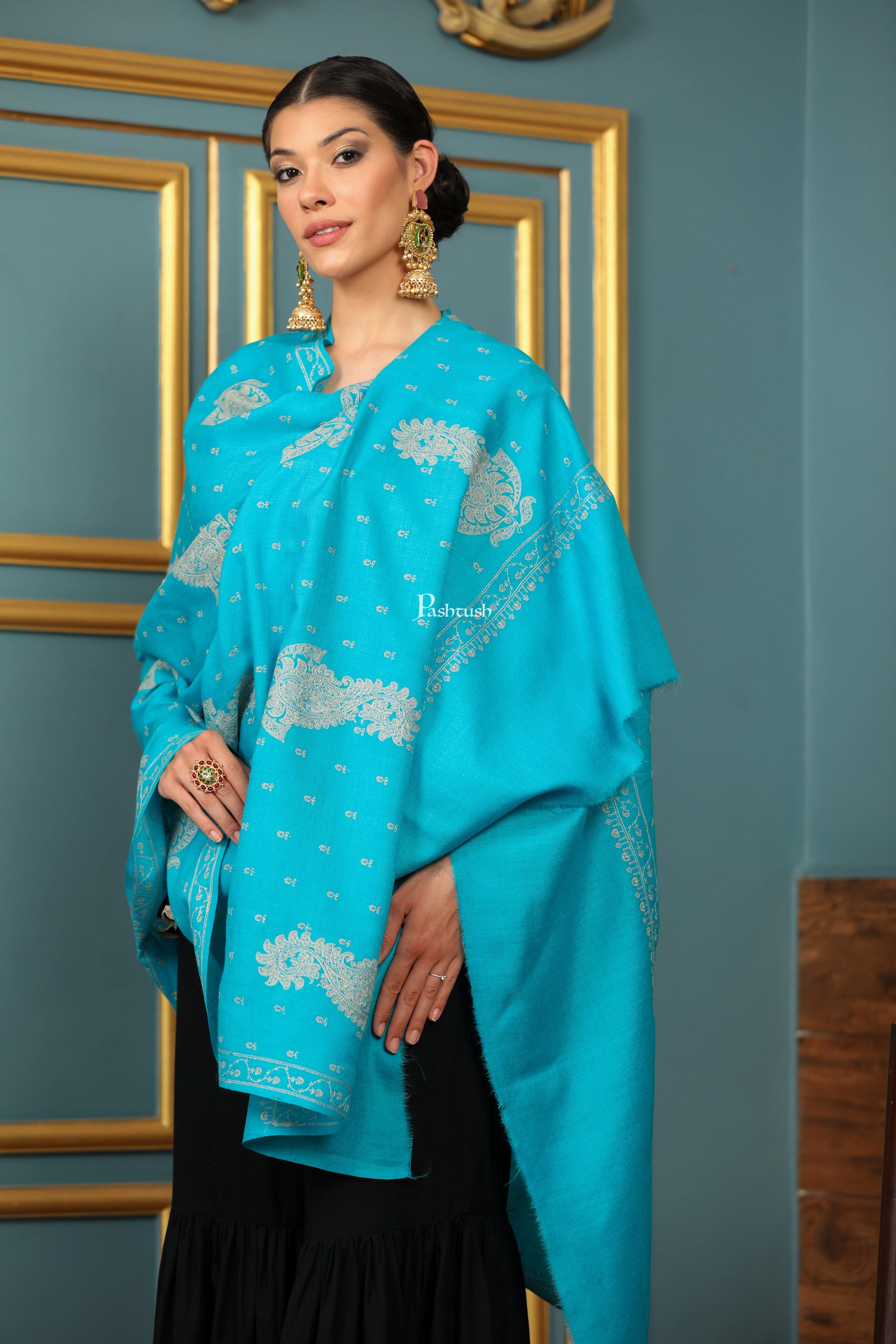 Pashtush Womens Extra Fine Wool Shawl, Tone And Tone Ambi Design, Arabic Sea Blue - Image 7