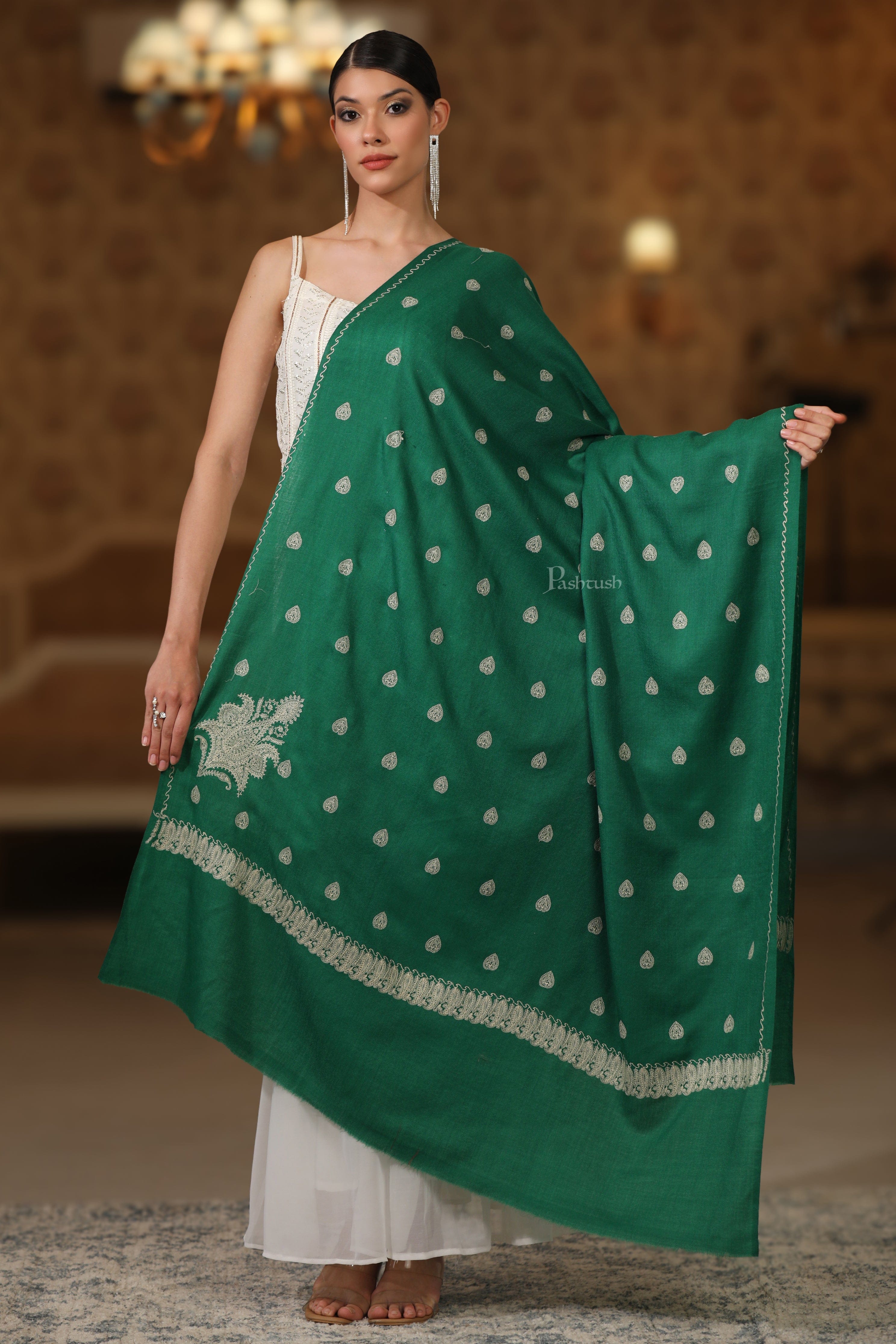 Pashtush Womens Extra Fine Wool Shawl, Tone And Tone Ambi Design, Green