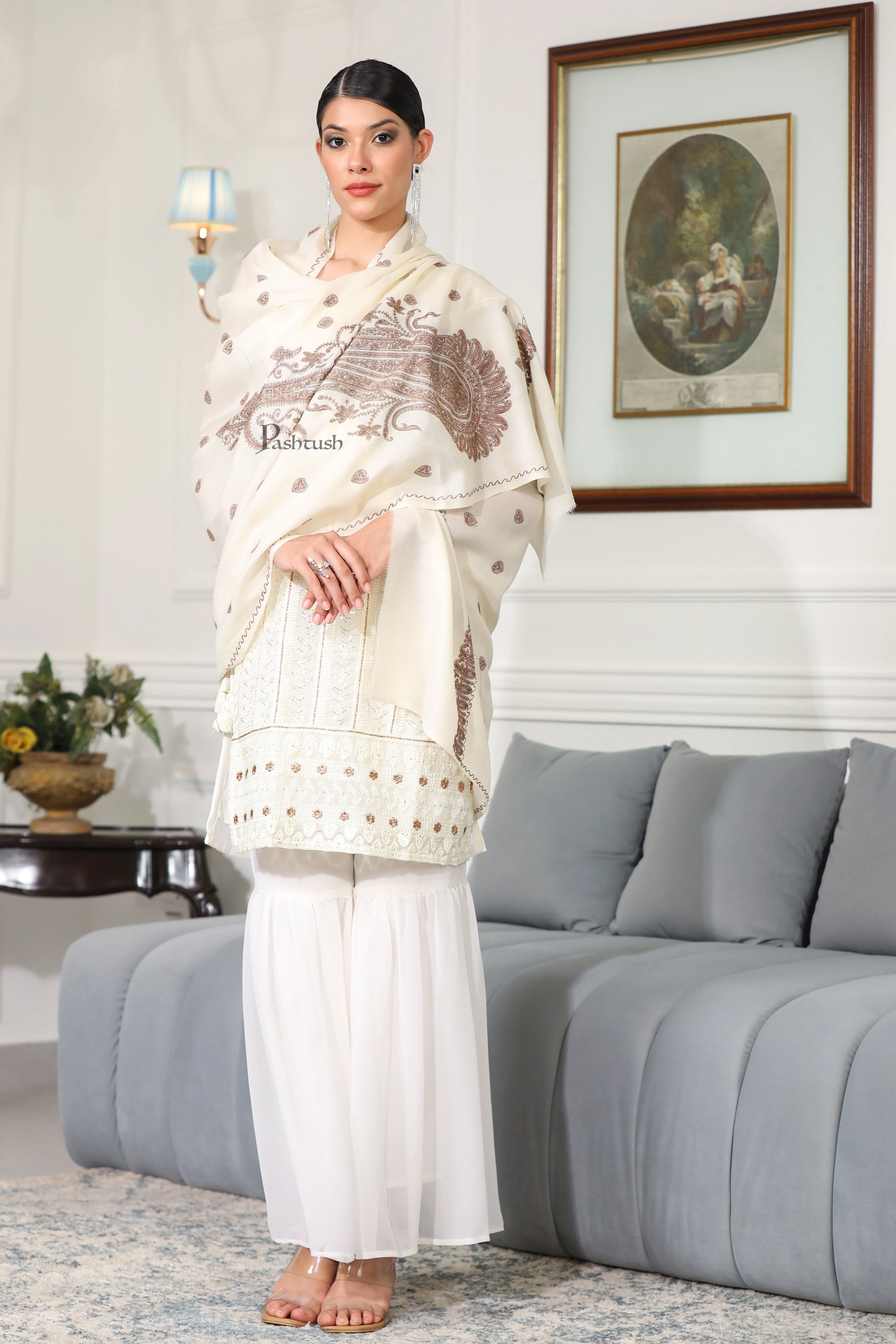 Pashtush Womens Extra Fine Wool Shawl, Tone And Tone Ambi Design, Ivory - Image 7