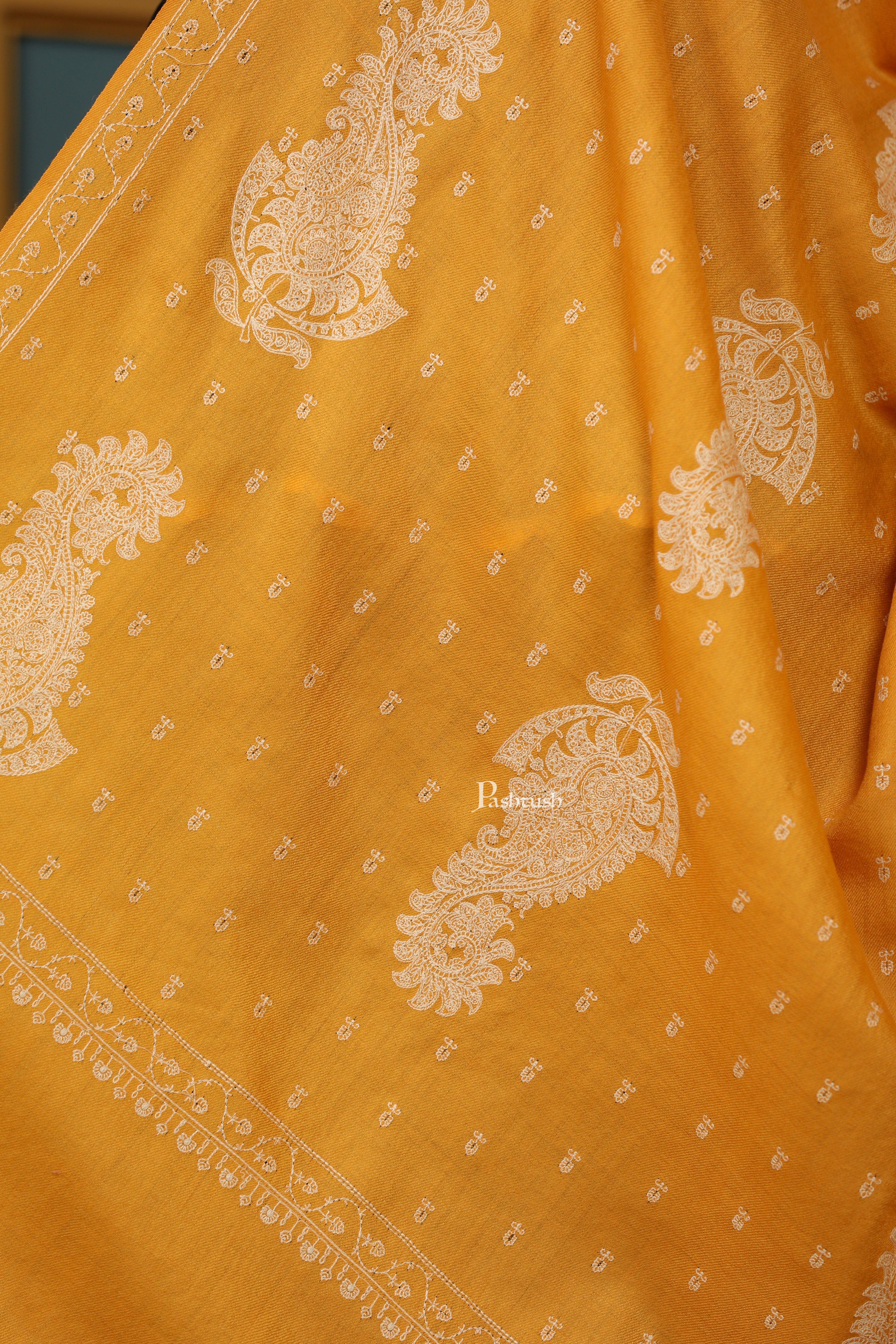 Pashtush Womens Extra Fine Wool Shawl, Tone And Tone Ambi Design, Yellow - Image 2