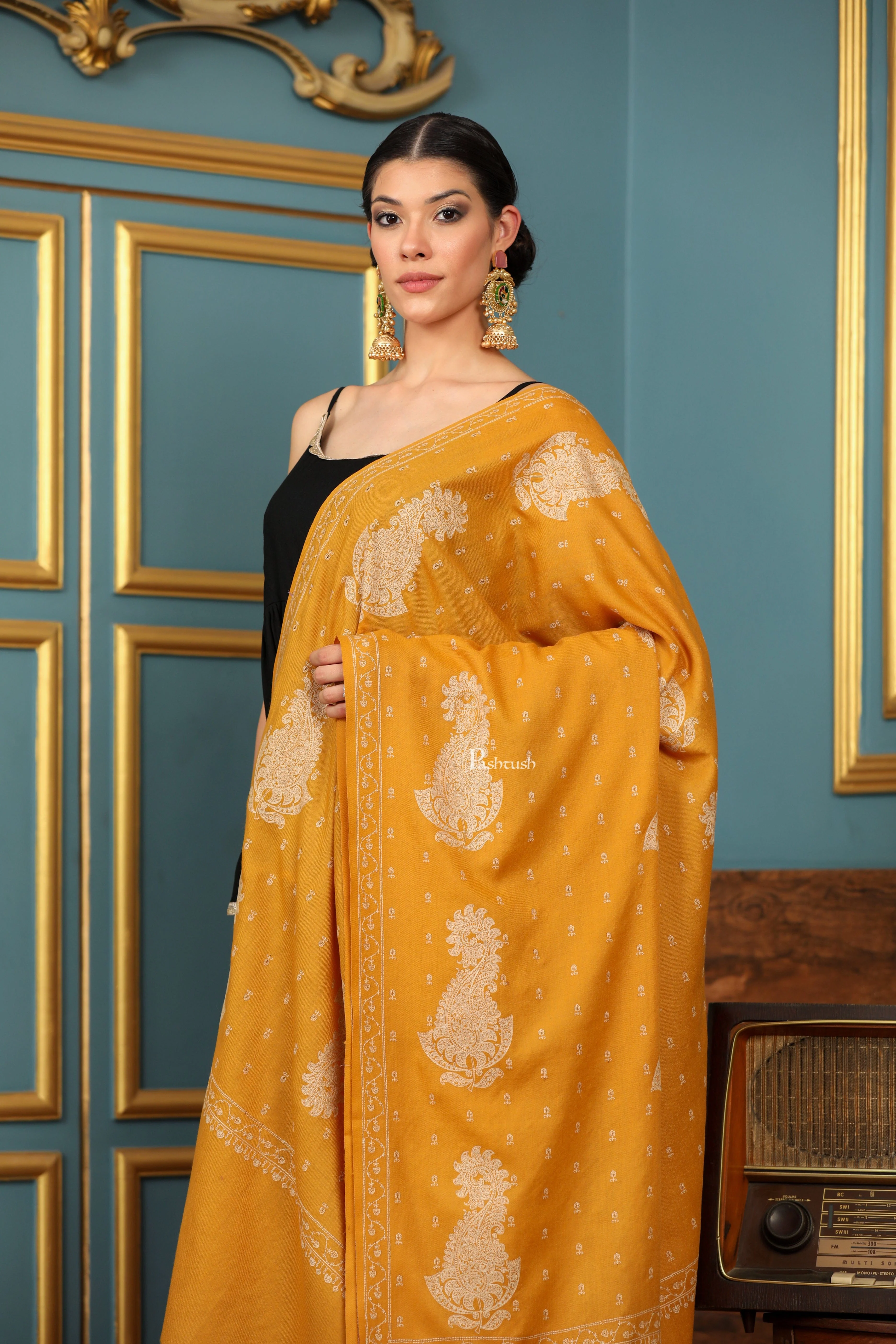 Pashtush Womens Extra Fine Wool Shawl, Tone And Tone Ambi Design, Yellow - Image 3