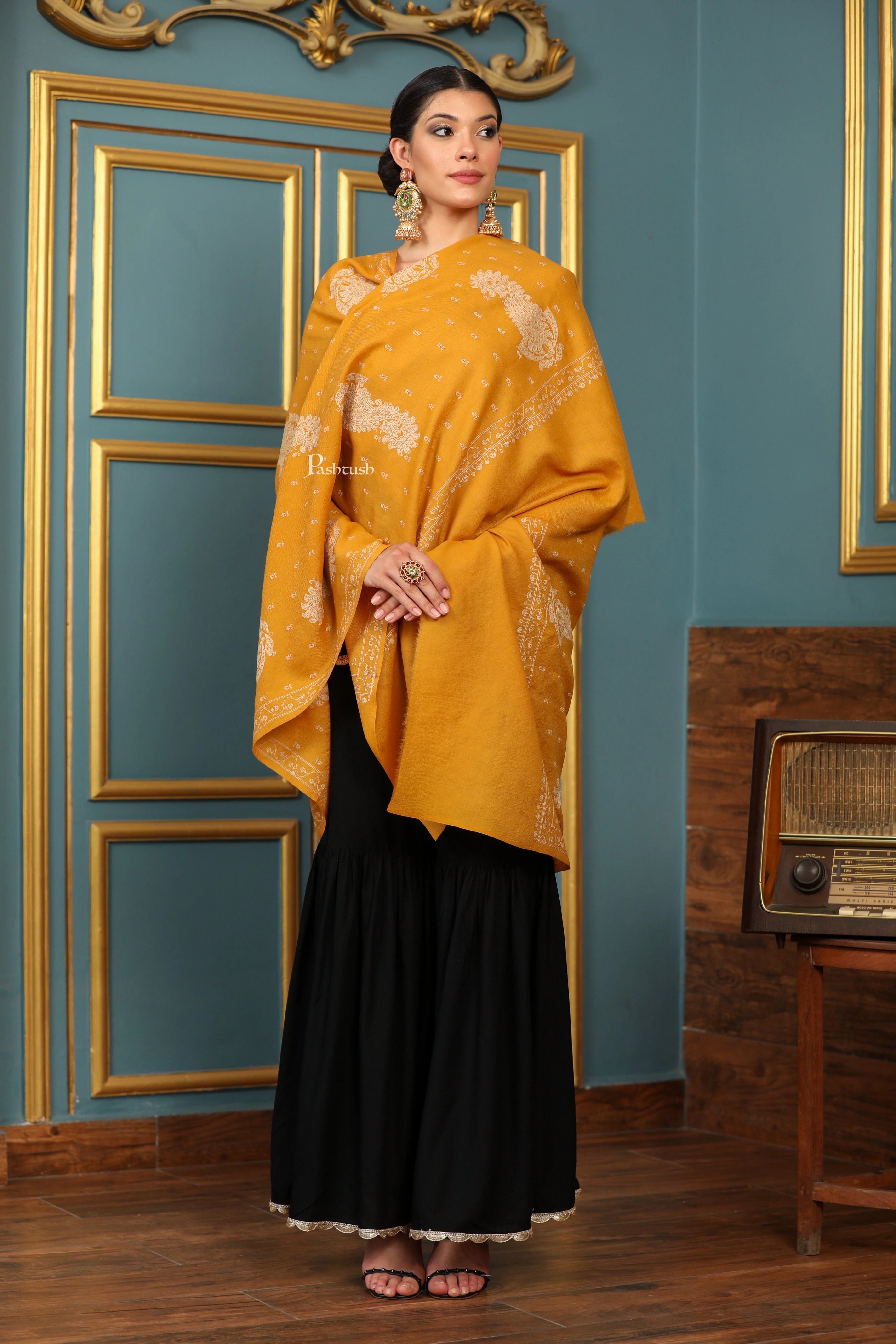 Pashtush Womens Extra Fine Wool Shawl, Tone And Tone Ambi Design, Yellow - Image 6