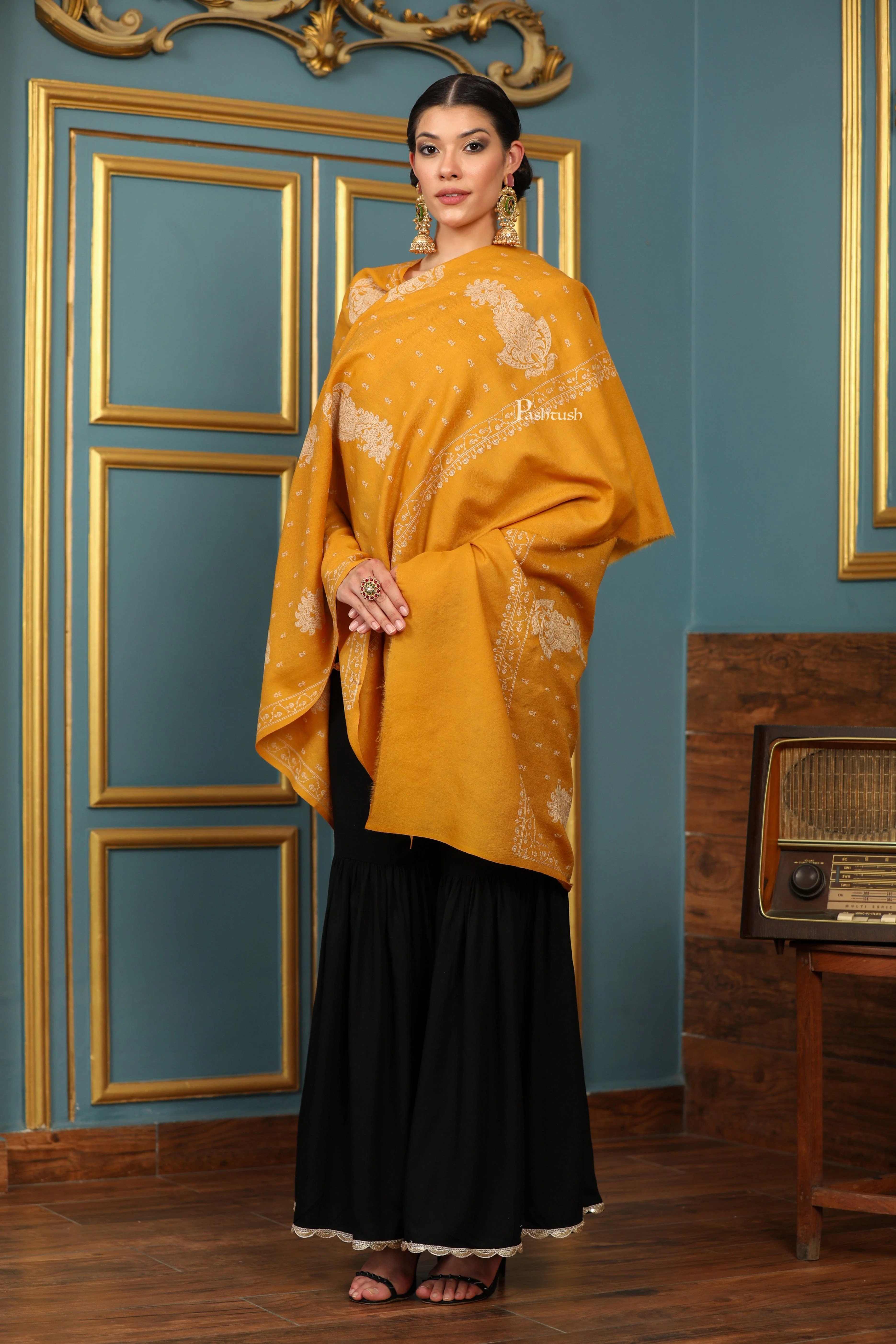 Pashtush Womens Extra Fine Wool Shawl, Tone And Tone Ambi Design, Yellow - Image 8