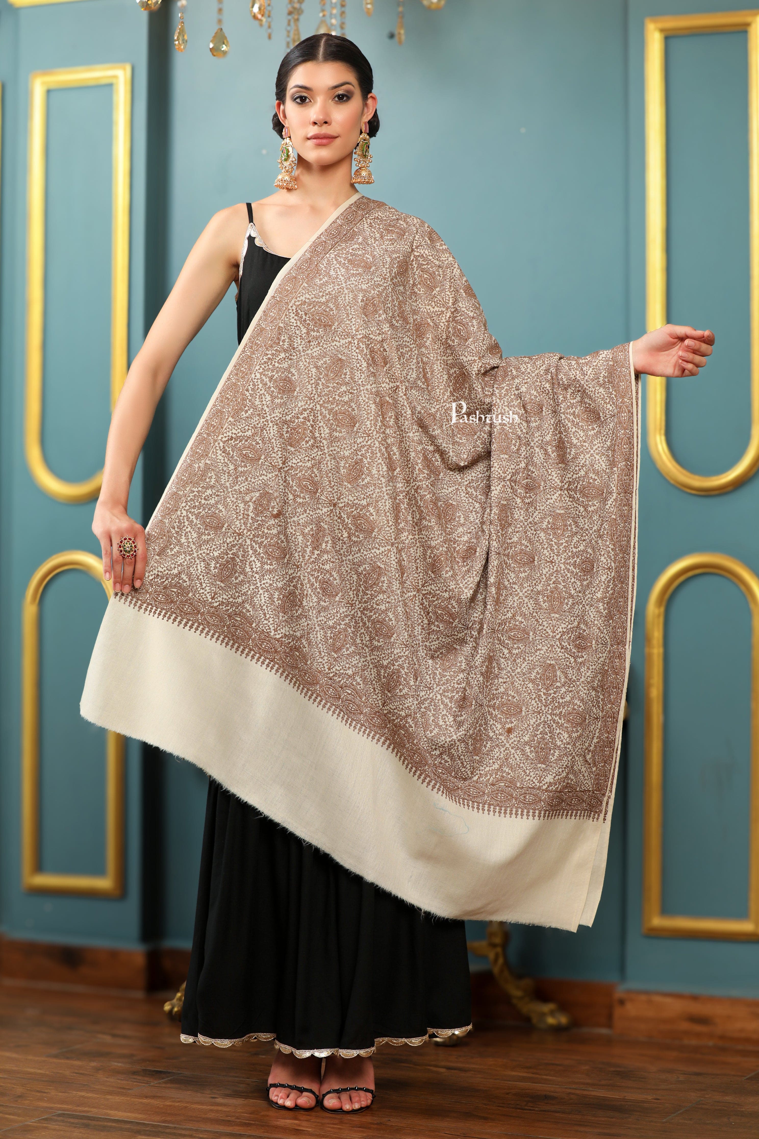 Pashtush Womens Extra Fine Wool Shawl, Tone And Tone Jaal Design, Beige
