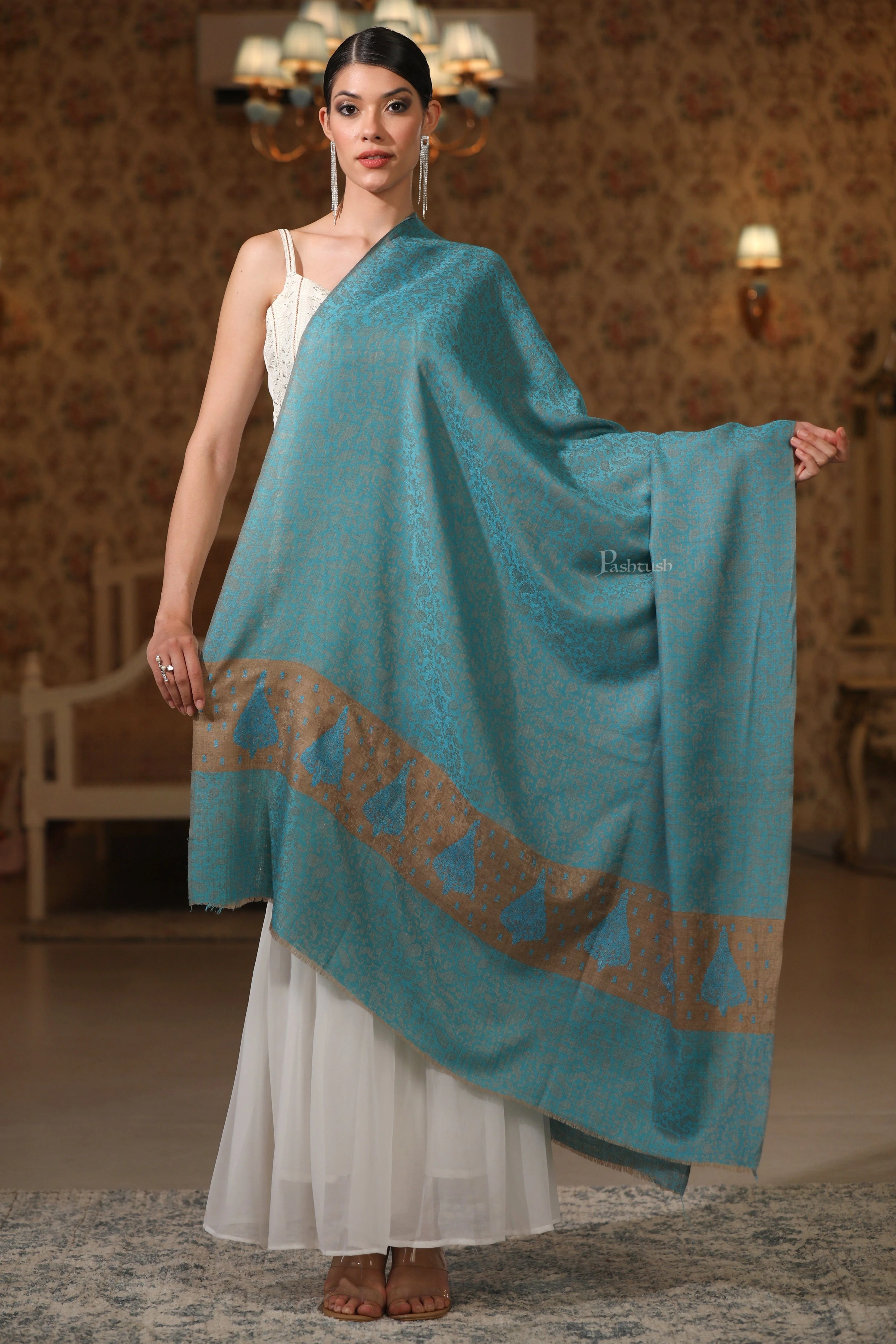 Pashtush Womens Extra Fine Wool Shawl, Tone On Tone Embroidery Design, Arabic Sea Blue