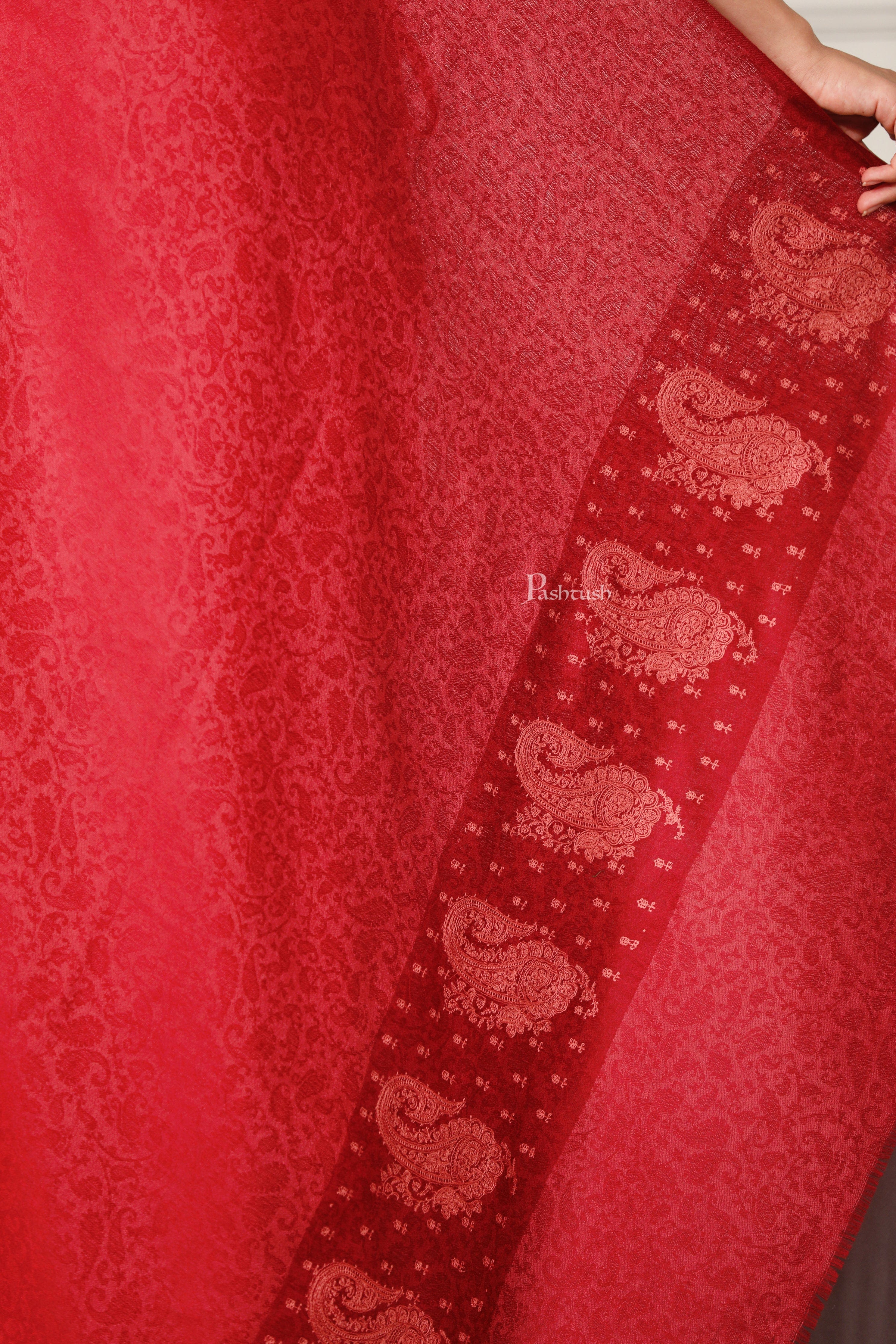 Pashtush Womens Extra Fine Wool Shawl, Tone On Tone Embroidery Design, red - Image 3