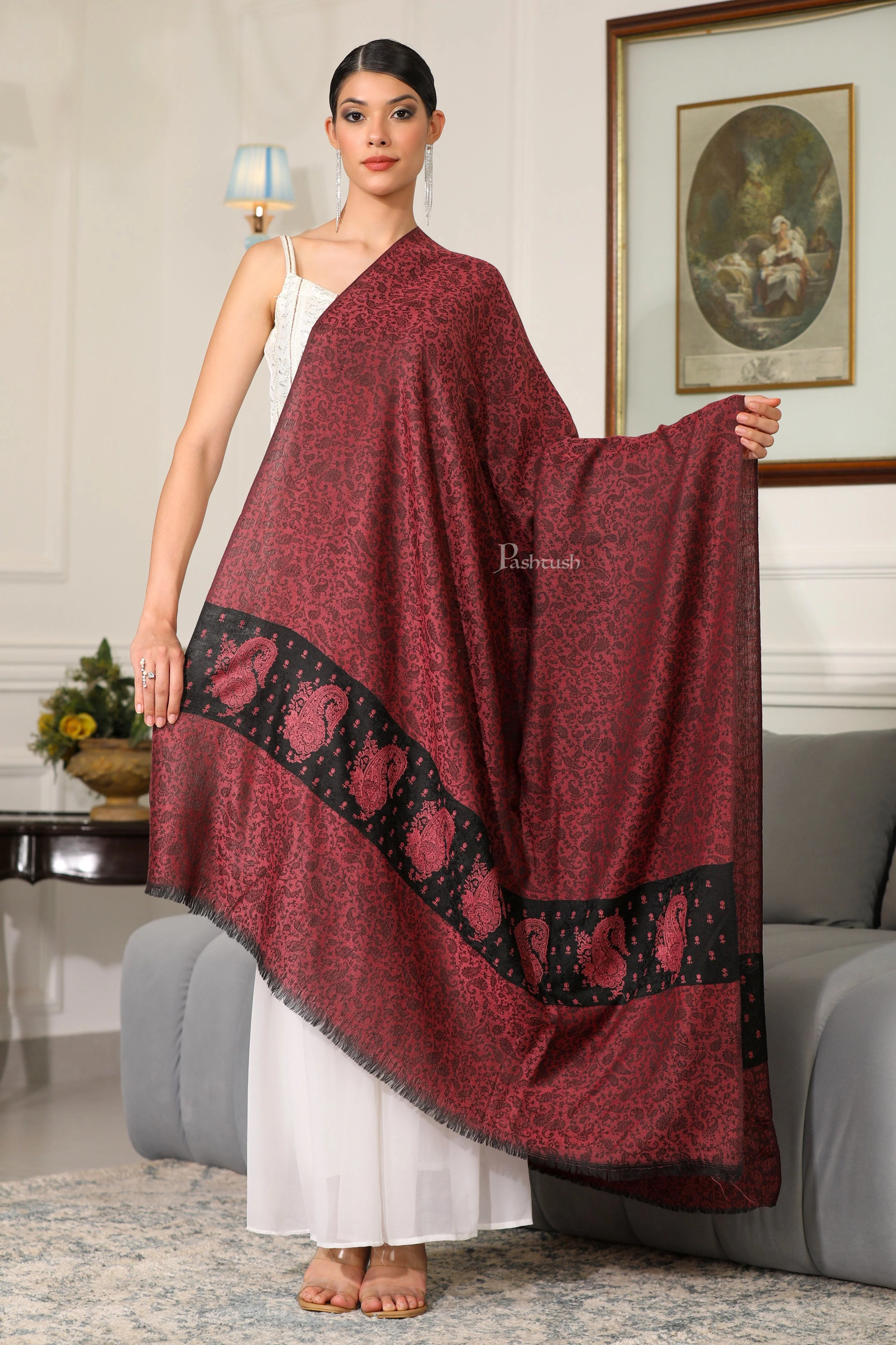 Pashtush Womens Extra Fine Wool Shawl, Tone On Tone Embroidery Design, Rose